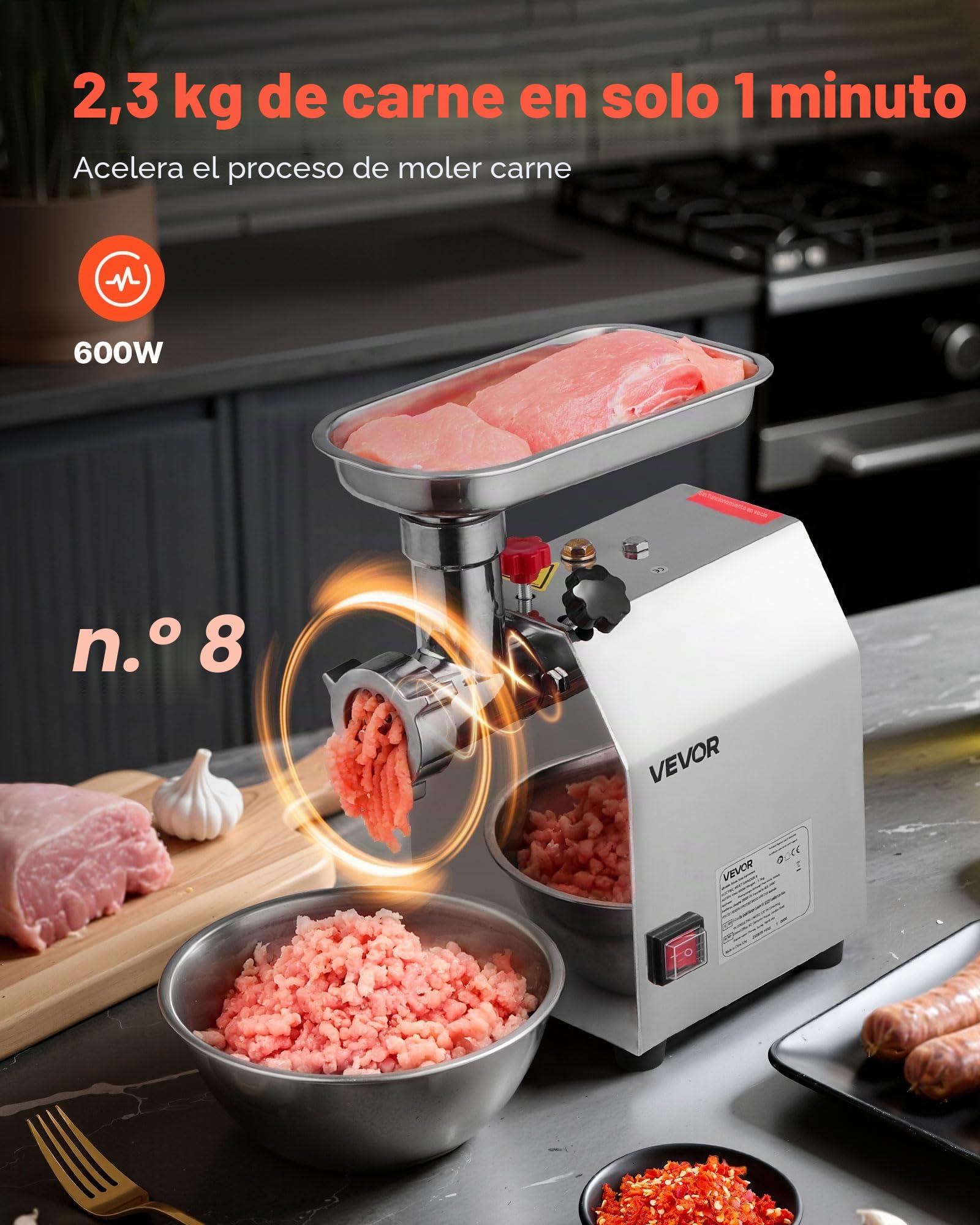 VEVOR Picadora de Carne Eléctrica de Encimera con Cuchilla, Capacidad de 2,3 kg/min, Placa de Molienda, para Hacer Salchichas, de Acero Inoxidable, para Cocina y Restaurante, 292 x 180 x 355 mm