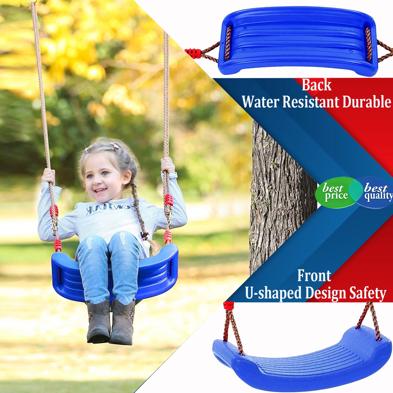 Taeku Asiento de Columpio, Plástico Jardín Árbol Patio Columpio Infantil Niños Bebe con Cuerda Regulables Exterior Interior (Azul)