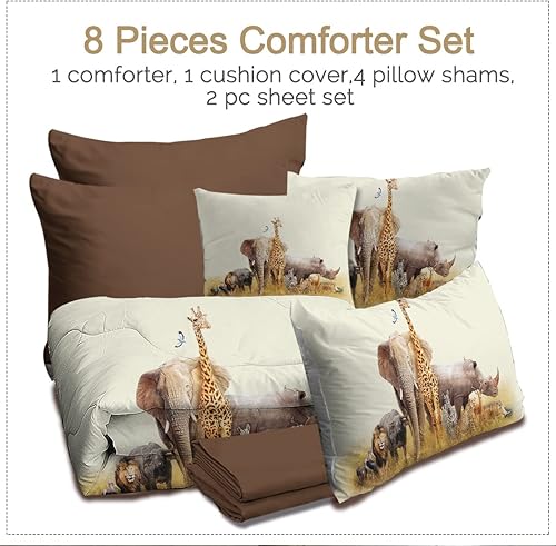 Miniatura 3 de BlessLiving Safari Bed-in-A-Bag - Juego de edredón de 8 piezas de animales de la selva para niños, ropa de cama tamaño Queen, 1 edredón, 2 fundas, 1