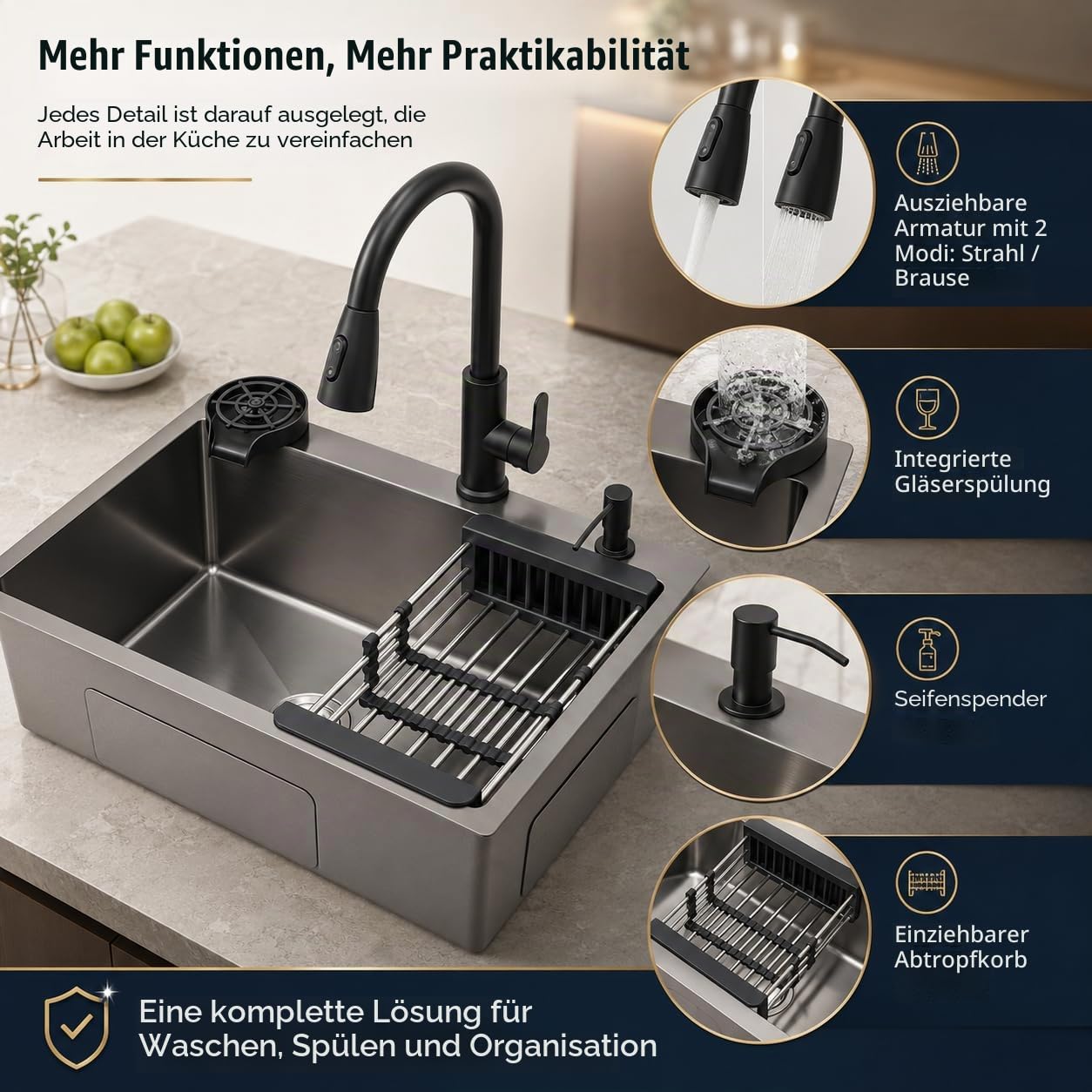 Edelstahl-Spüle, 1 Becken, 60 x 45 cm, kommerziell, Küchenspüle, Einbauspüle, Nanobeschichtung, drehbarer Wasserhahn und Abflusskorb – Schwarz