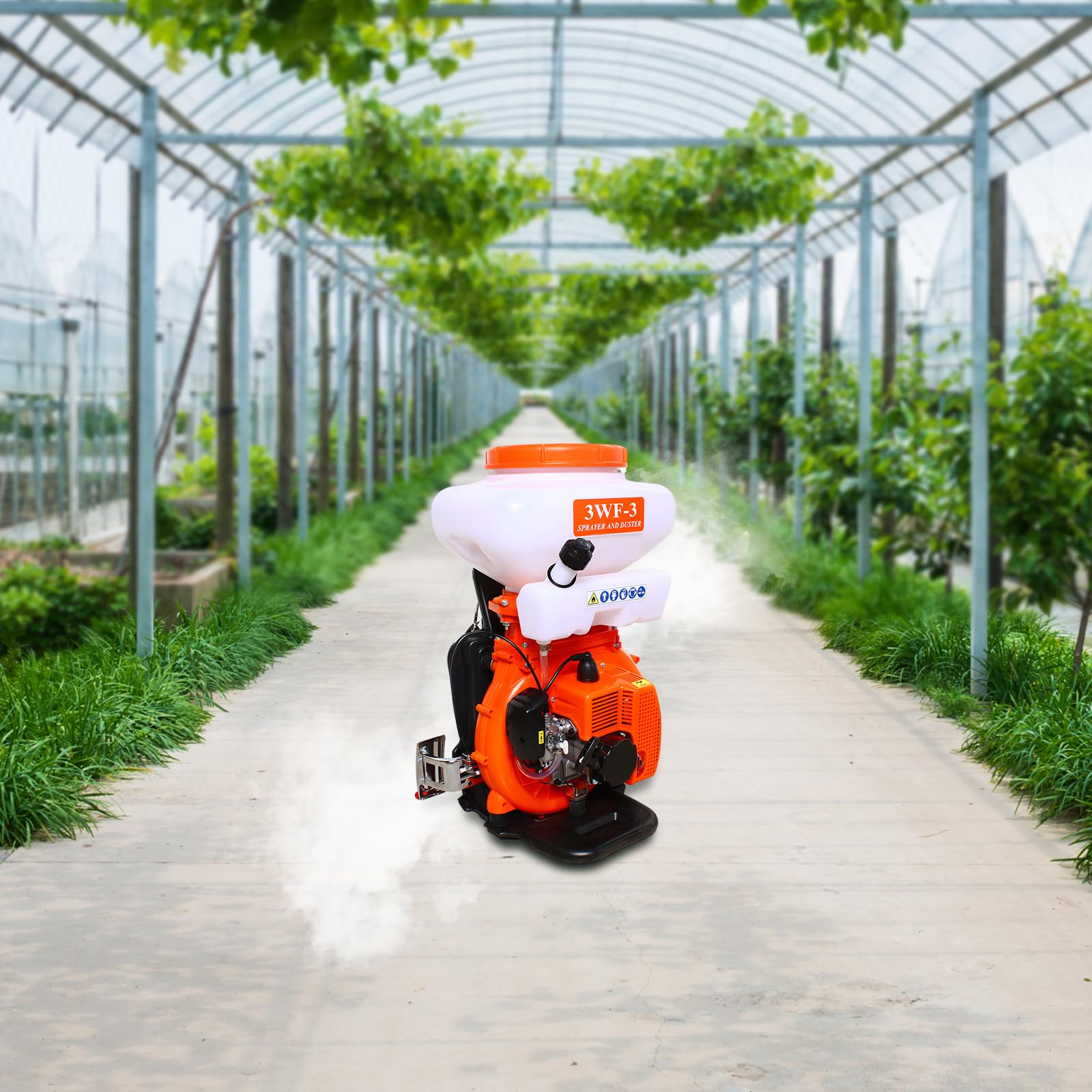 Jeringa de espalda de 14 l, pulverizador de jardín, líquido 4 L/min, polvo 0-6 l/min, jeringa a presión con resorte amortiguador de vibraciones, ventiladores de aire de refrigeración