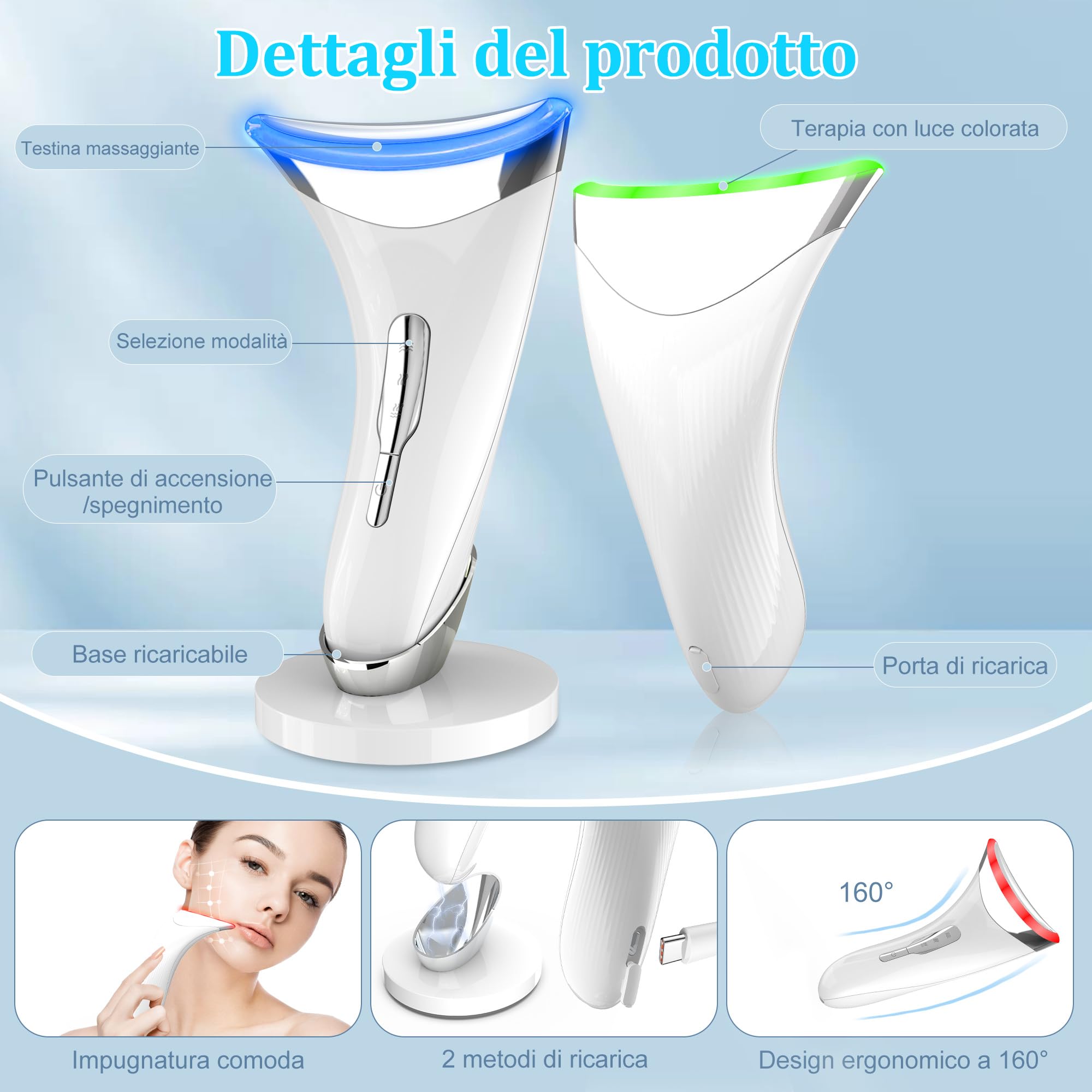 Massaggiatore Viso Antirughe, Dispositivo di Bellezza con 45 ℃ EMS per Lifting e Rassodamento Viso e Collo, Gua Sha Elettrico con 3 Modi LED Terapia Della Luce