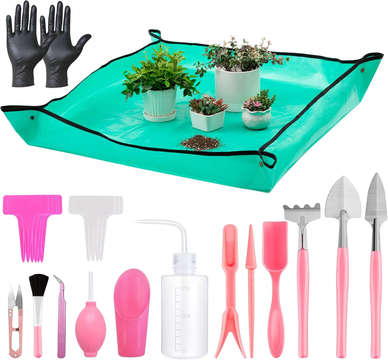 Melphoe 25Pcs Mini Garden Hand Transplanting Succulent Tools Set, 39.4" Thickened Repotting Mat & Plant Tag, Miniature Planting Indoor Fairy Care, Potting, Cactus, Houseplant Bonsai Tool Kit (Pink)