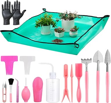 Melphoe 25Pcs Mini Garden Hand Transplanting Succulent Tools Set, 39.4" Thickened Repotting Mat & Plant Tag, Miniature Planting Indoor Fairy Care, Potting, Cactus, Houseplant Bonsai Tool Kit Pink