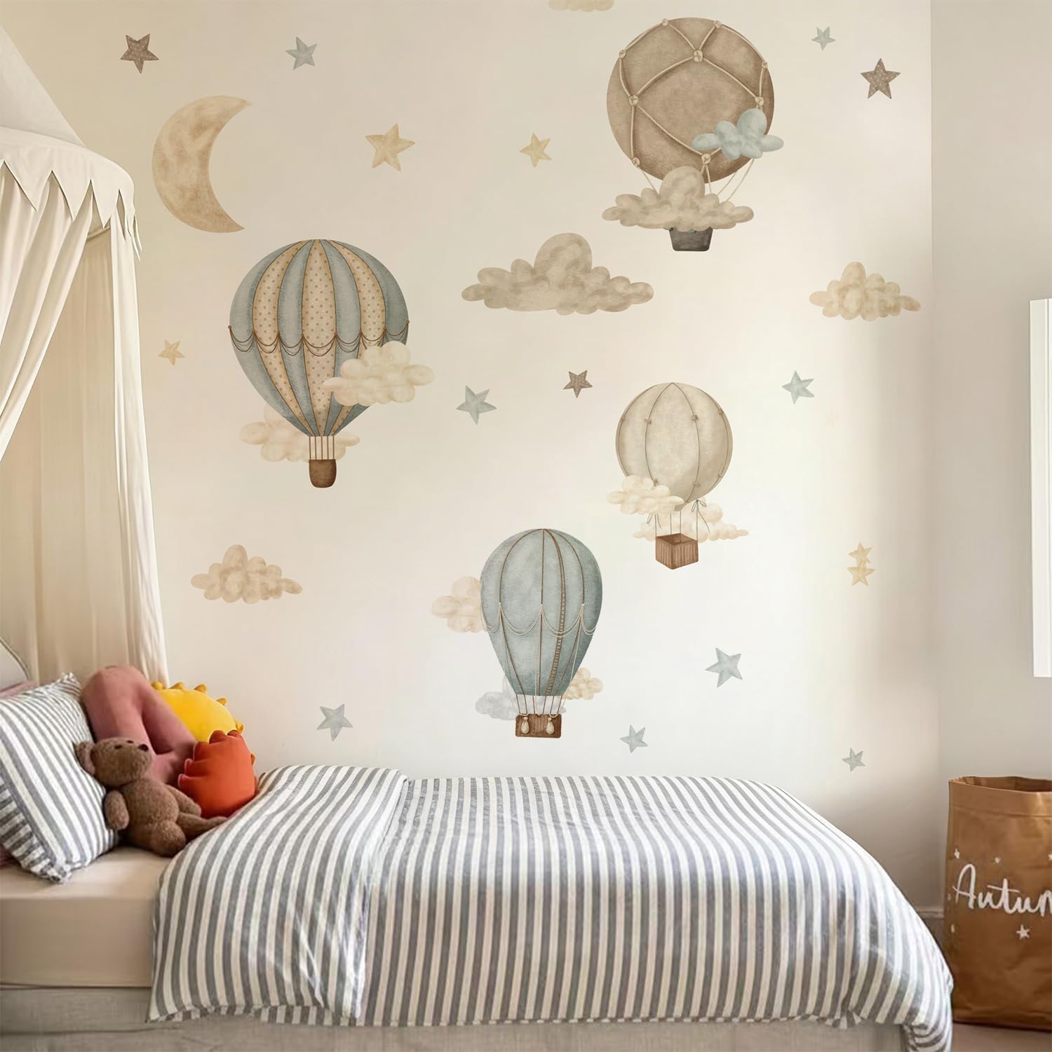 Calcomanía de pared de tela con diseño de globo aerostático de acuarela, estrellas y nubes, calcomanías para bebé, guardería, habitación de niños, decoración de sala de juegos