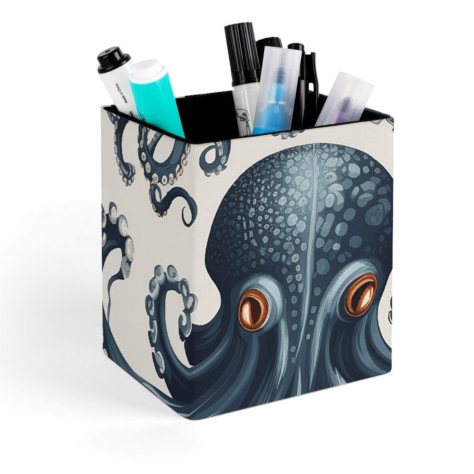 FekiLoot Octopus Pattern Pencil Holder Square Leather Pen Holder Cup Modern Multi-Functional Pencil Cup Holder Decorative Desk Organizer Caddy Makeup Brush Holders for Desk Office