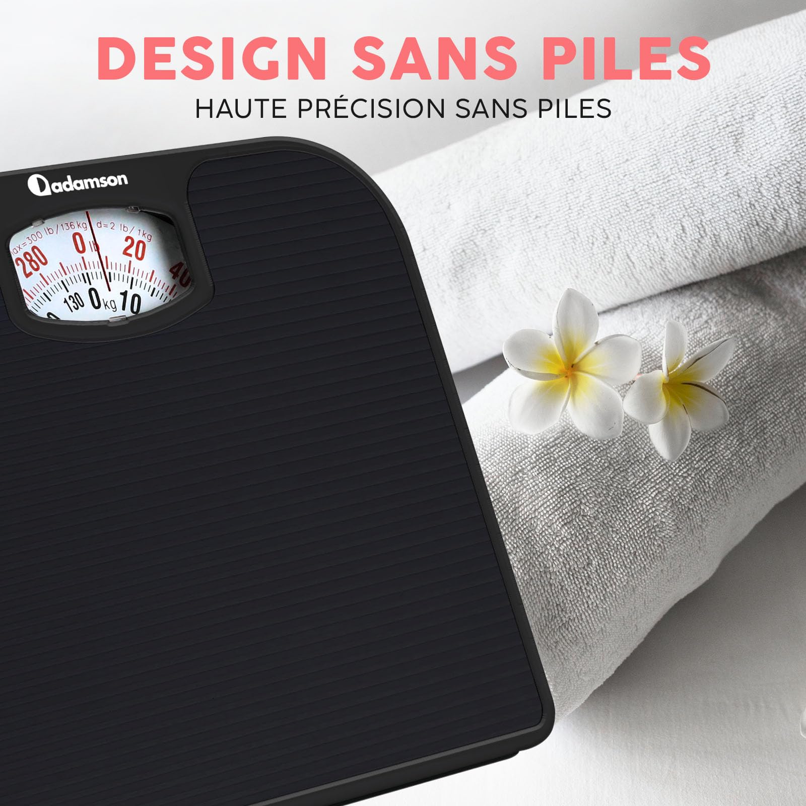 Adamson A21 Pese Personnes Mecanique Pour Poids Corporel- Jusqu’à 136 KG - Surface en Caoutchouc Antidérapant - Pese Personne Analogique - Durable 20 Ans de Protection - Noir Intégral