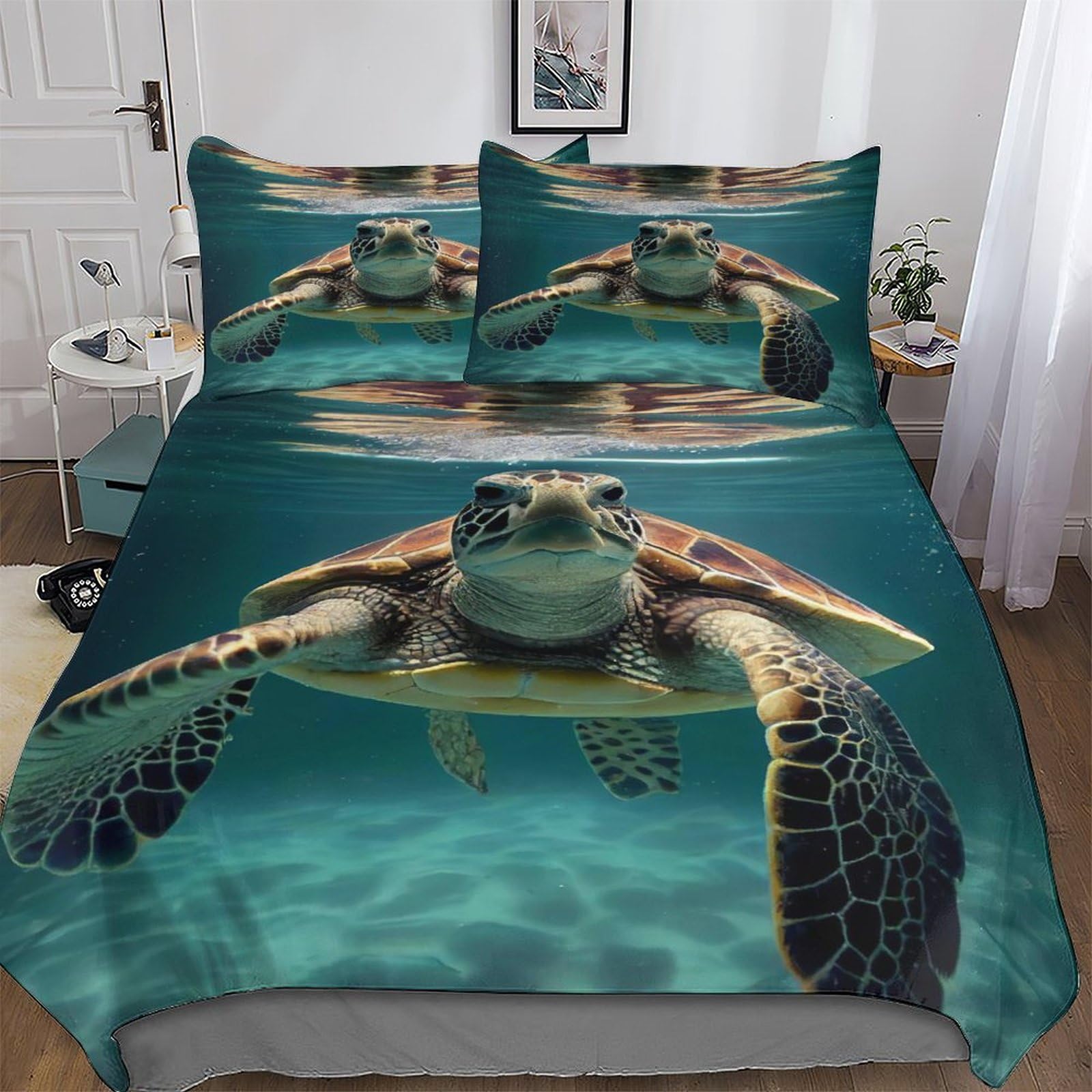 Parure de lit tortue 3D King 220x240cm avec housse de couette en microfibre et taie