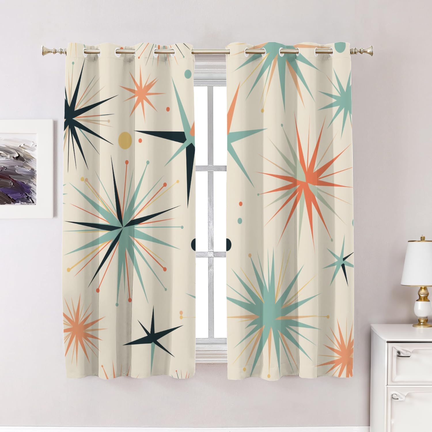 Star Patterns Bedroom Curtains, Colorful Star Design Blackout Polyester Grommet Window Treatment Drapes for Living Room, 2 Panels 52X63 Inches