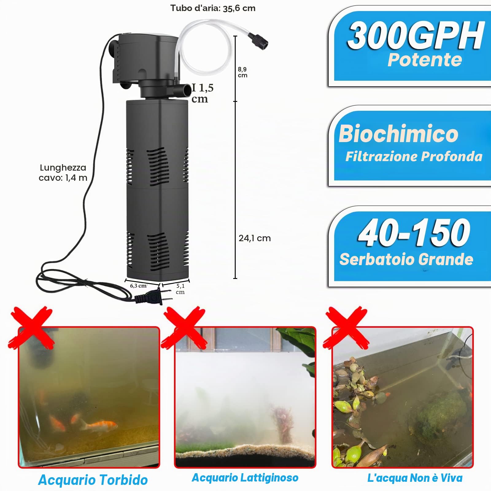 Tararium Filtro Interno per Acquario da 150-560 Litri Bio Sponge Aquarium Filter Potente Pompa d'acqua Sommergibile con Aerazione Grande Serbatoio Tartaruga Giardino Laghetto Wave Maker