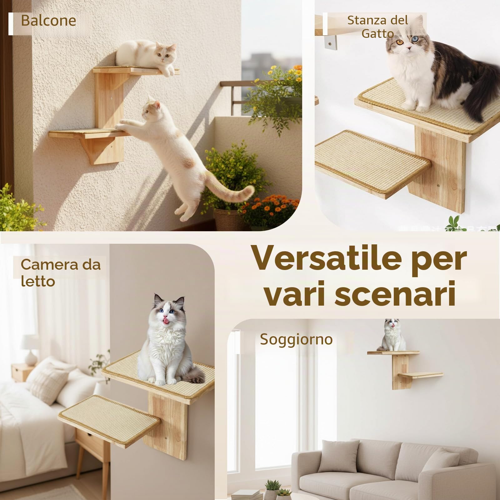 Mensole da Parete Percorso da Muro per Gatti con 2 Piattaforme, Parete da Arrampicata e Mensole da Parete per Gatti in Legno Massello, Tappetini in Sisal per Appartamenti Piccoli