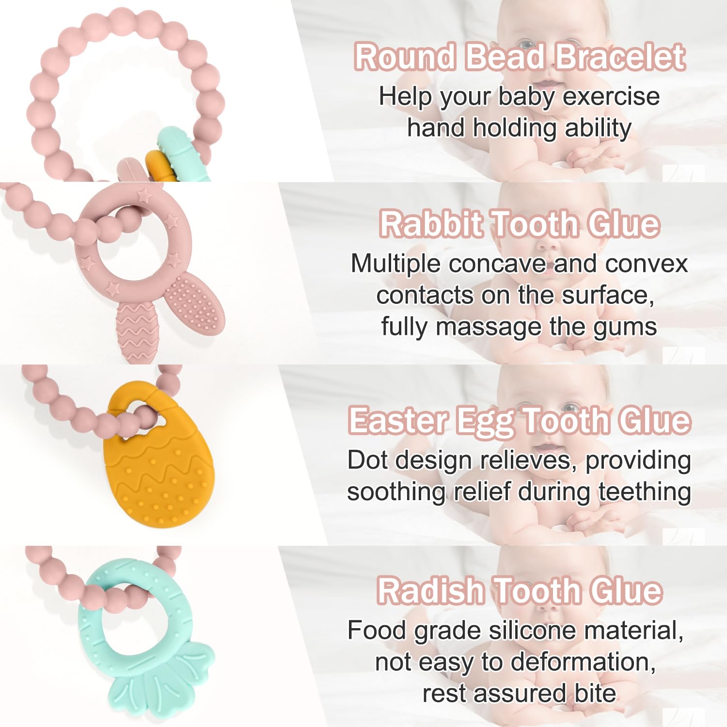 CLDY Easter Silicone Teething Toys, Easter Teether Gel 3 Months+, Easter Sensory Toys, Baby's Easter Egg Rabbit Carrot Teether Toy, Baby Boy Girl Easter Gift Teething Relief Chew Toy (Pink) - Image 3