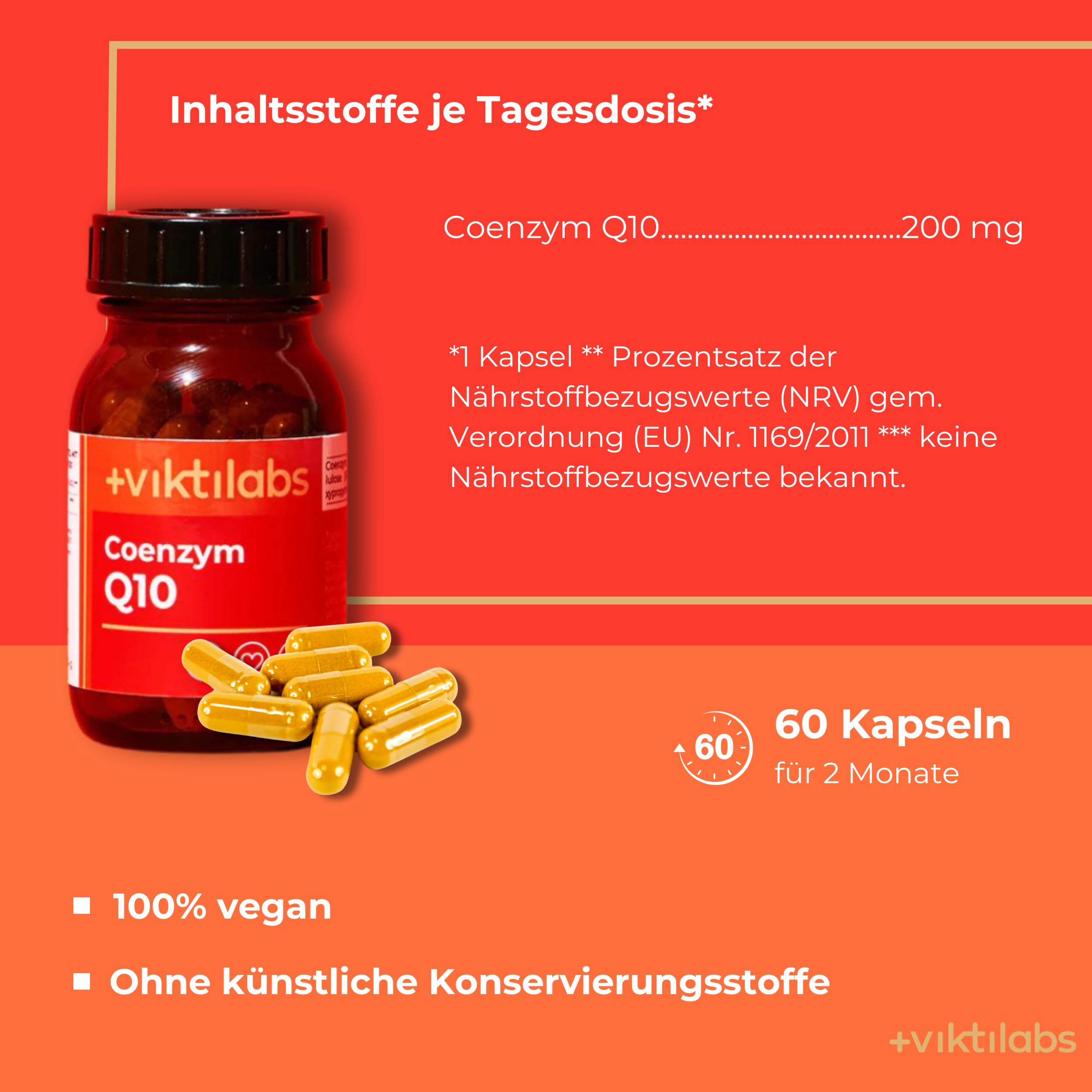 Coenzym Q10 Kapseln mit Ubichinon - hochdosiert - gewonnen durch pflanzliche Fermentation - 60 vegane - ohne Zusatzstoffe