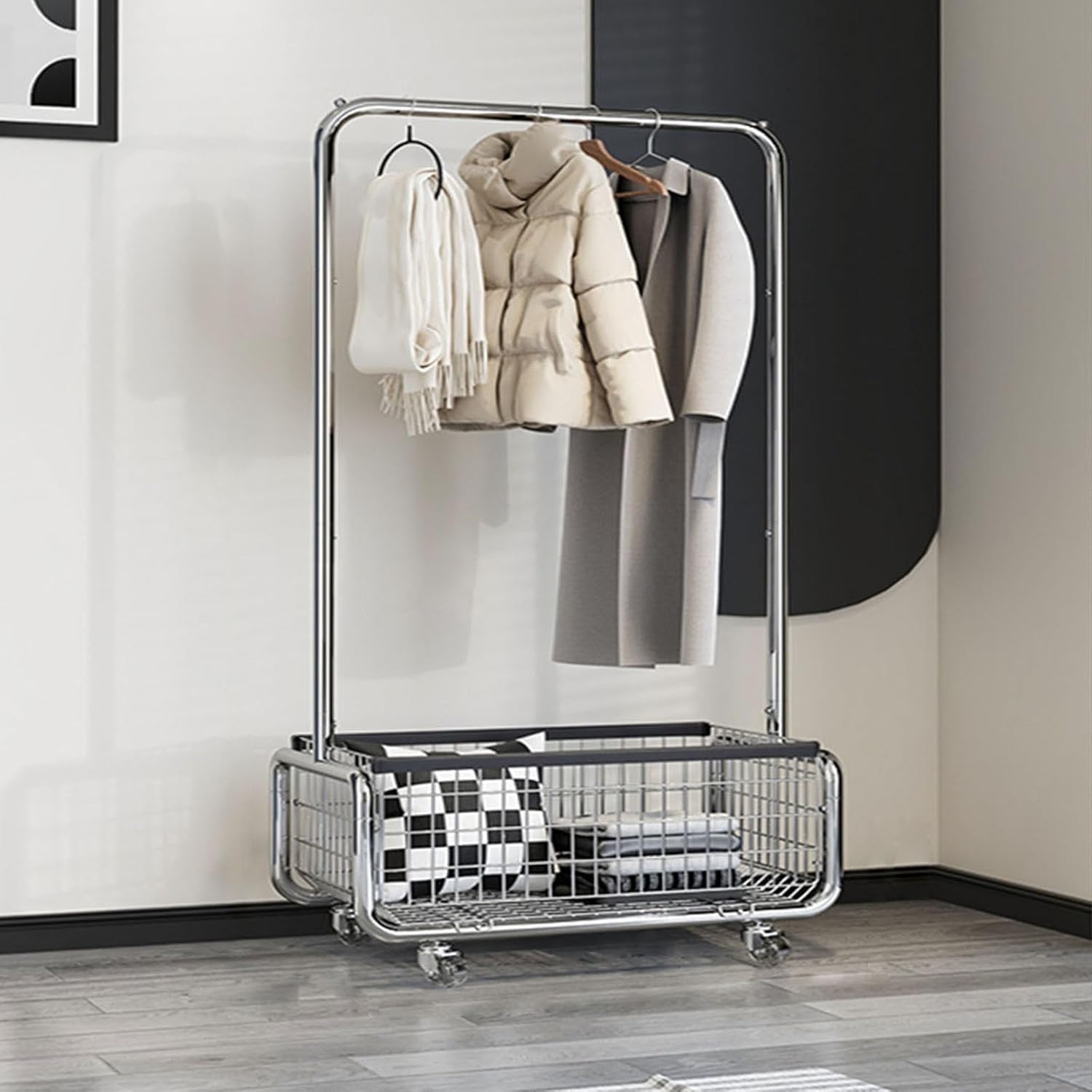 Freestanding Clothes Rack,Metal Coat Rack with Movable Storage Basket,360° Rolling Clothes Rack,Mobile Storage Coat Rack for Bedroom (Size : 80cm)