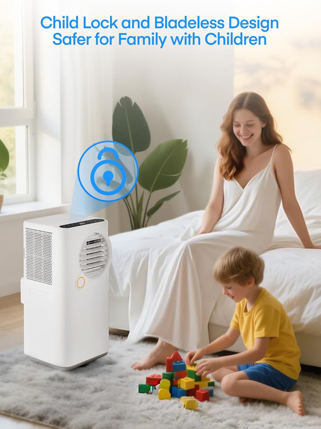 Child lock feature indicated on the portable air conditioner, with a child playing nearby.