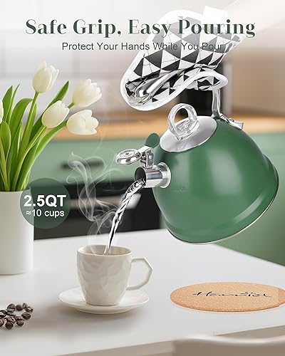 Miniatura 6 de Harriet Tea Kettle Stovetop, 2.5 Quart Whistling Stainless Steel Tea Pot, 3-Layer Base, Unique Ergonomic Handle, Includes Pot Holder & Mat,