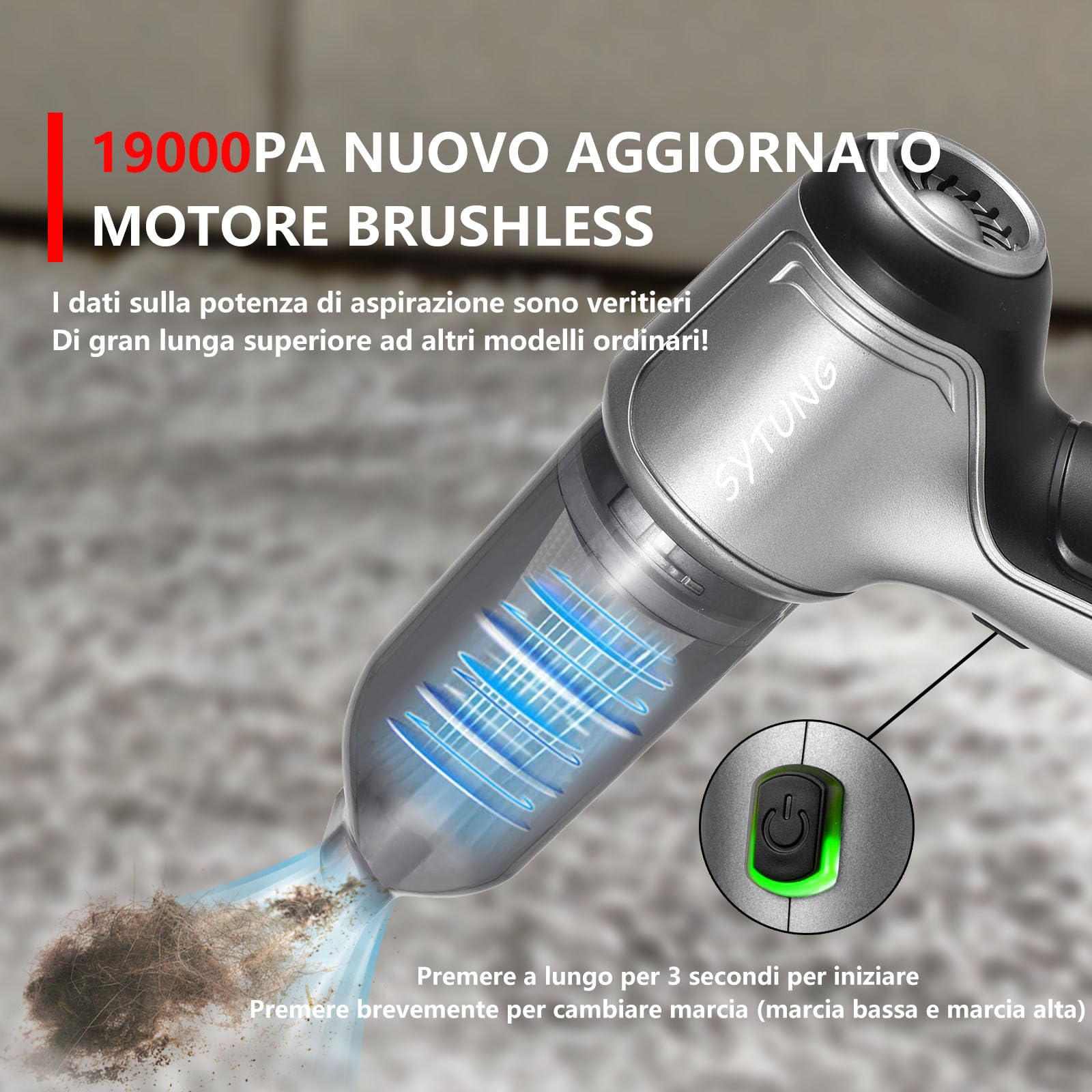 SYTUNG Aspirabriciole Senza Fili Mini Aspirabriciole Auto 19000Pa Aspirapolvere Portatile Senza Fili Aspirapolvere Batteria, Adatto per la Pulizia di Auto, Casa, Animali Domestici (Grigio)