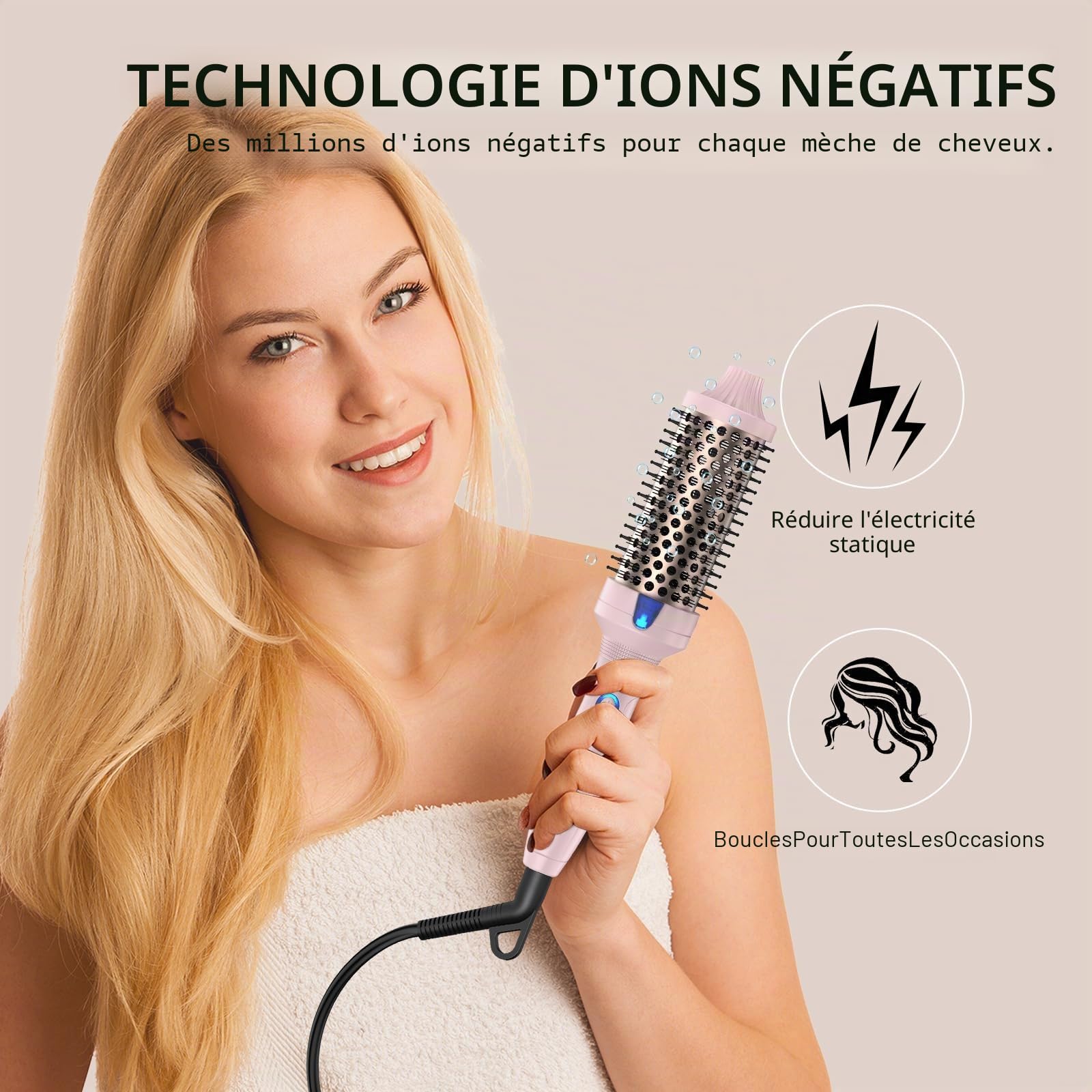 K&K Brosse thermique Keratin Thermal Brush Protect Tonneau chauffant Brosse à cheveux chaude ionique lisse Peigne volume Lisseur Bigoudis Outil de coiffage, Double tension (45 mm)