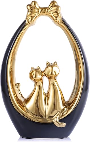 QIANLING Figuras de gato de cerámica de oro negro  Elegante estatua de gato para decoración del hogar  Ideal para bodas, aniversarios, día de San