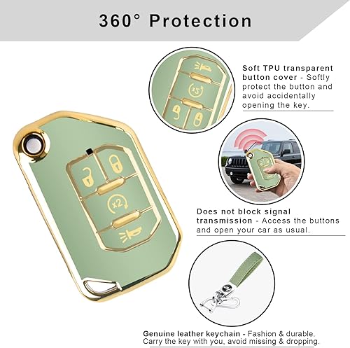 Miniatura 4 de QBUC Funda para llavero con llavero para Jeep Wrangler Gladiator JLU JL Rubicon JT 2022 2021 2020 2019 2018 (verde)