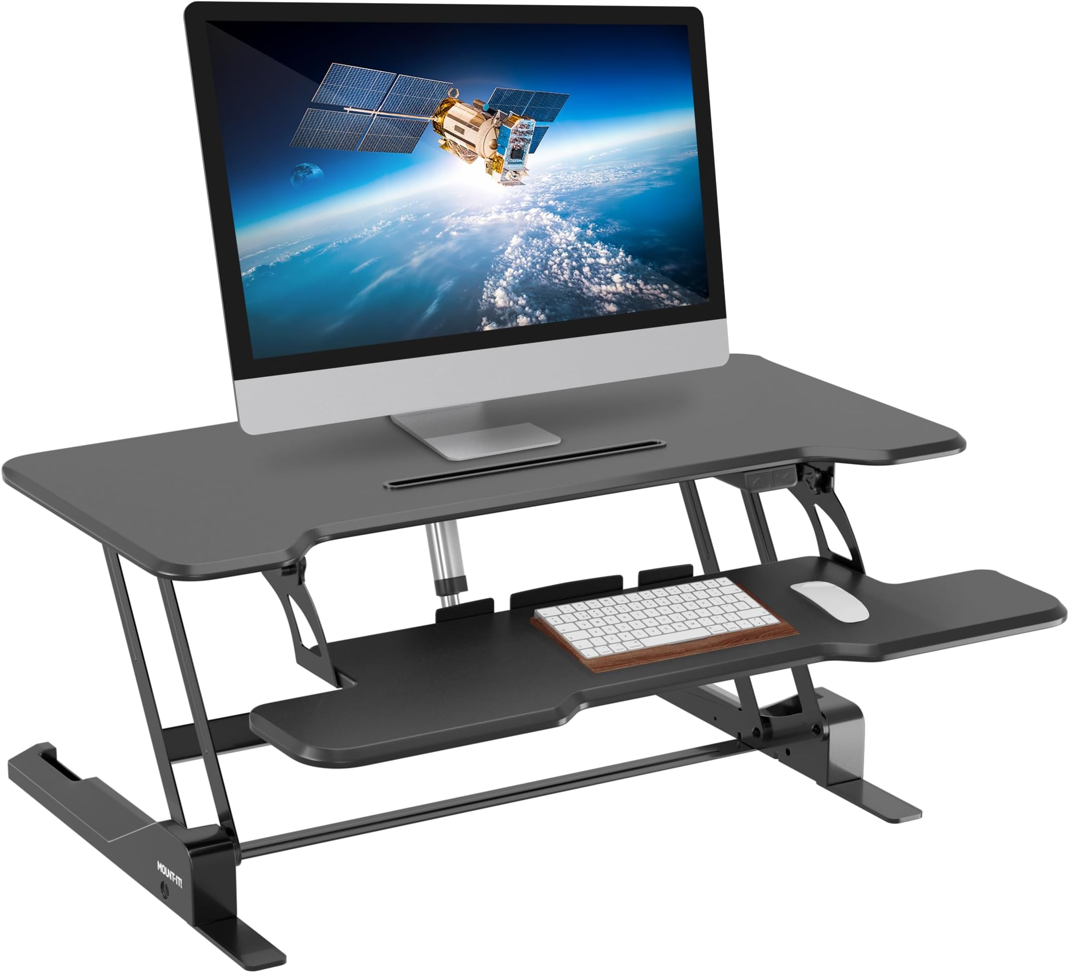 Electric Standing Desk Converter with 38" Tabletop, Height Adjustable Sit Stand Desk Riser, Motorized Desk Riser with Keyboard Tray and Device Slot, Fits Monitor & Laptop, Black