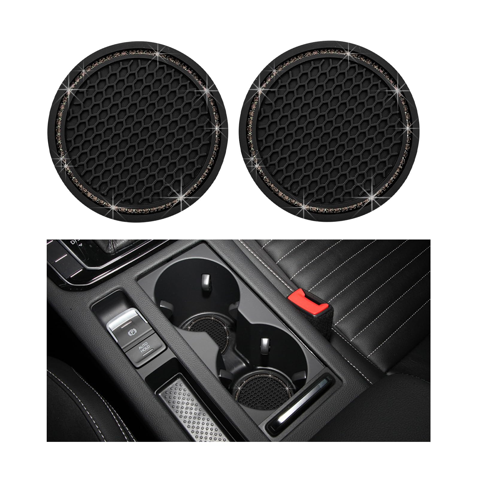 2 PCS Bling Car Cup Coaster, 2.75 Inch Crystal Rhinestone Auto Cup Holder Insert Coaster, Anti-Slip Durable Car Drink Cup Mat, Universal Vehicle Interior Decor Accessories (Black & Gray)