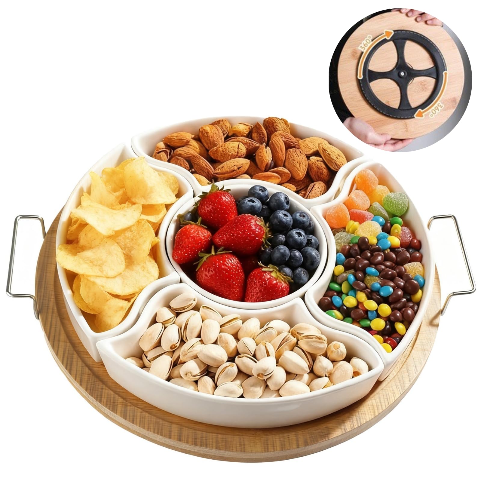 Assiette de service rotative idéale pour présenter charcuterie sauces et fruits