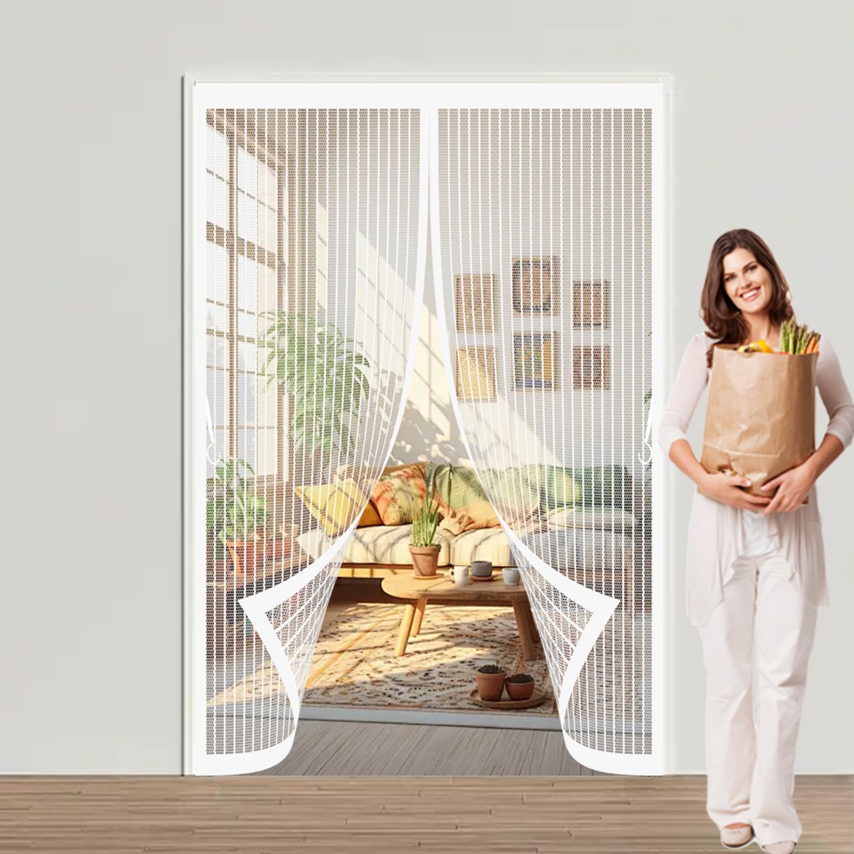 Door Fly Screen Curtain 190 x 190 cm Powerful Magnets, No Drill Installation, Automatically Closes, for Keeping Out Flies & Bug Thermal Insulated Door Curtain for Patio Doors Balcony, White