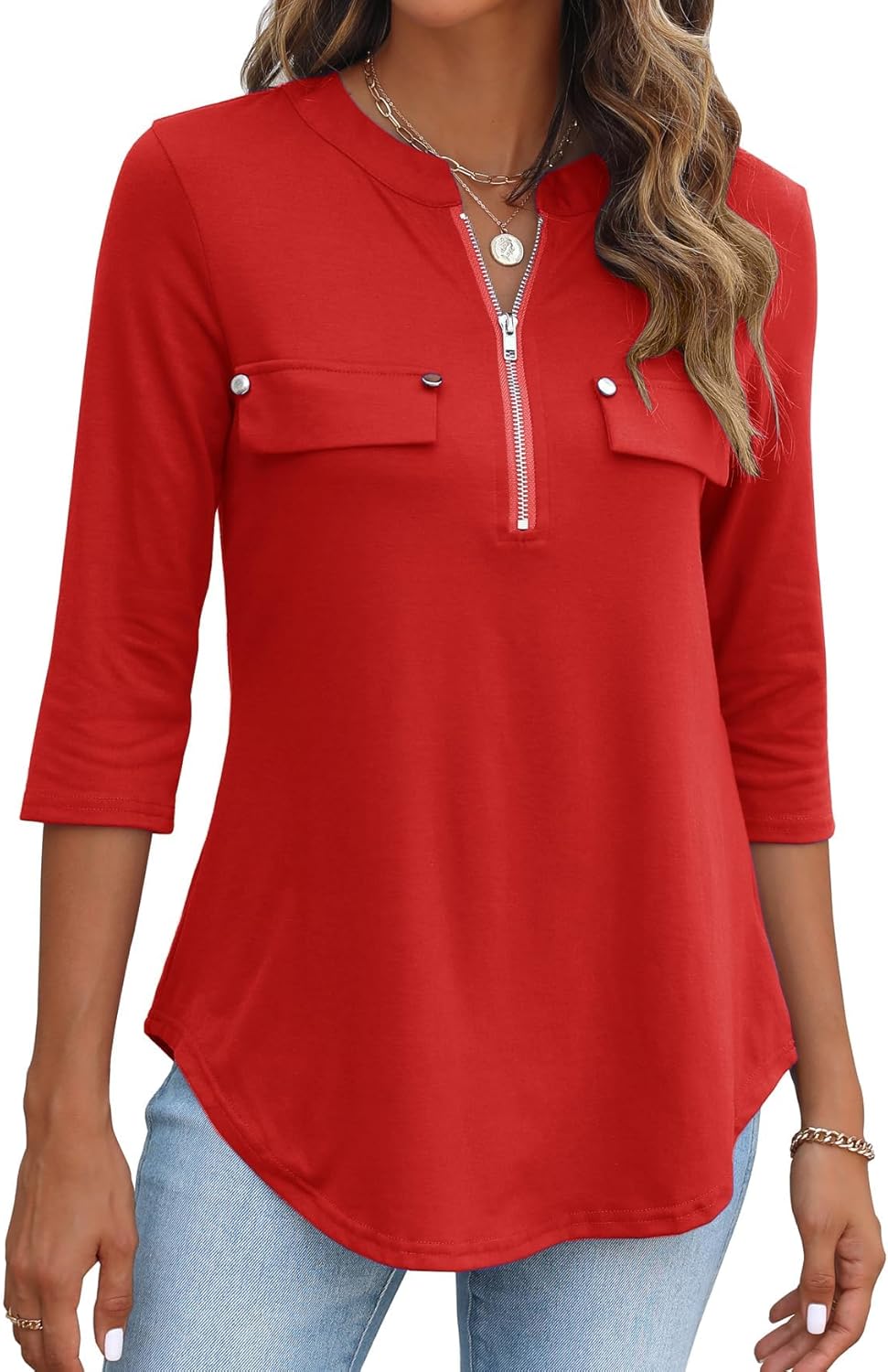 Halife Women's 3/4 Length Sleeve V Neck Flowy Tunic Blouses Work Tops Shirts with Zippers