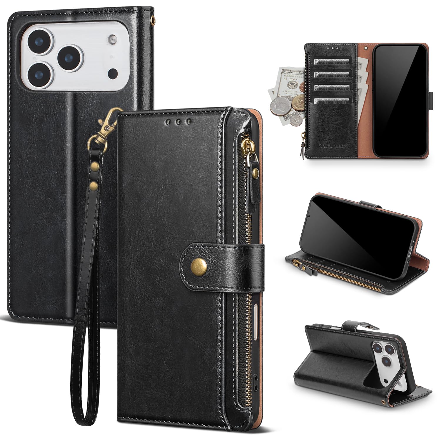 Custodia a portafoglio compatibile con Phone 17 Pro Max, con porta carte di credito, blocco RFID, cerniera, poket, in pelle PU, con cinturino da polso, slot per carte di credito, unisex, per