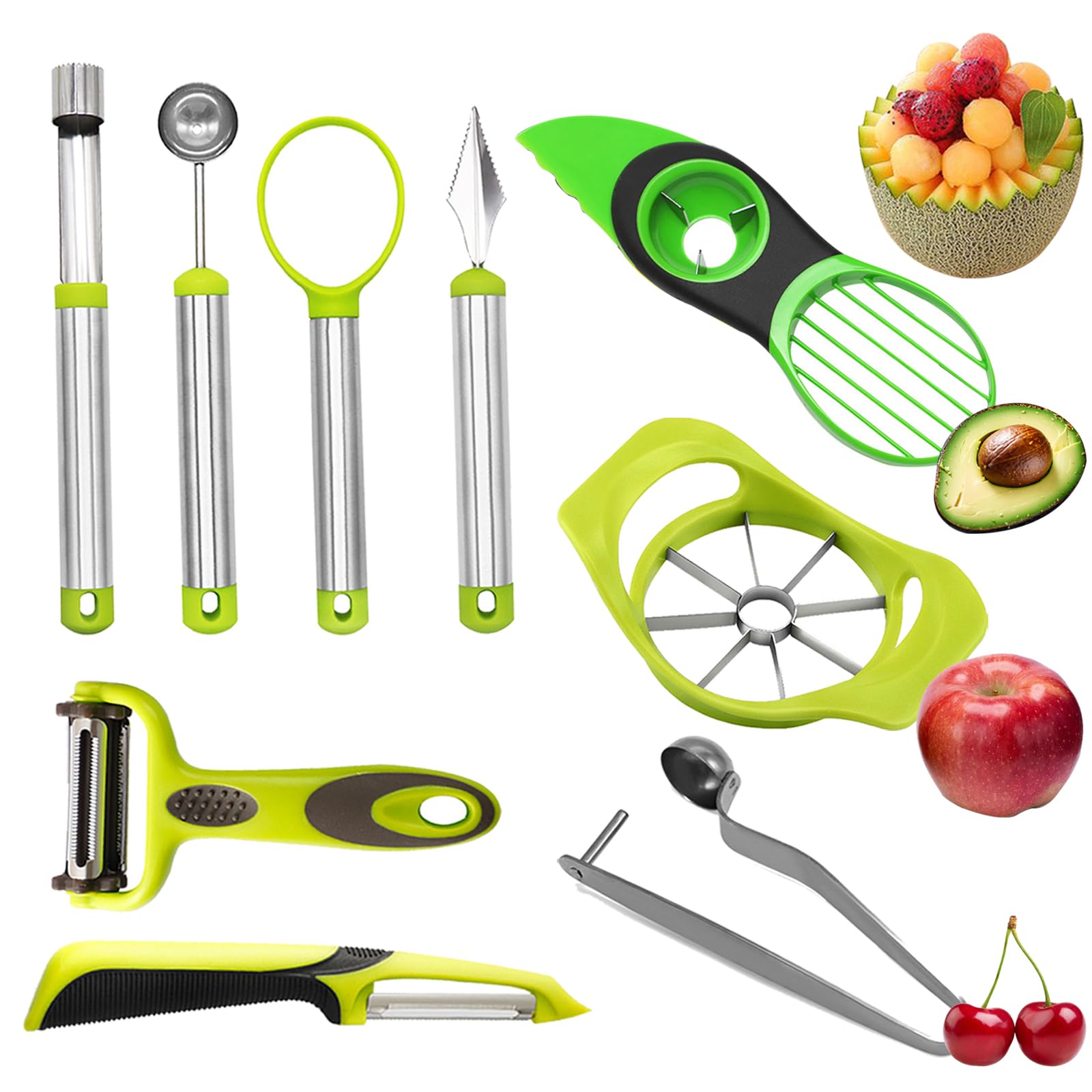 9Pcs Melon Baller Scoop Set,Fruit Shape Cutters,Avocado Slicer tool 3 in 1,Apple Slicer,Fruit Scooper and Baller, Vegetable Peelers, Apple Cutter and Corer,Green