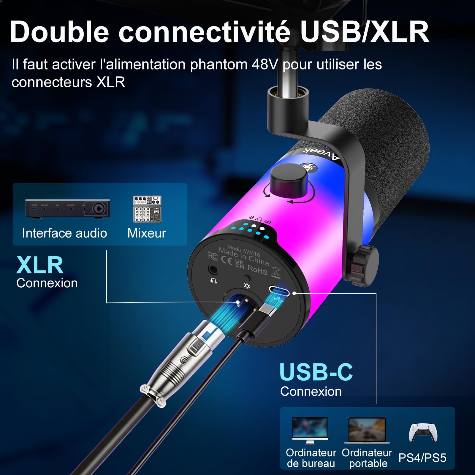 Aveek Microphone Dynamique USB/XLR avec Bras pour Gaming & Streaming
