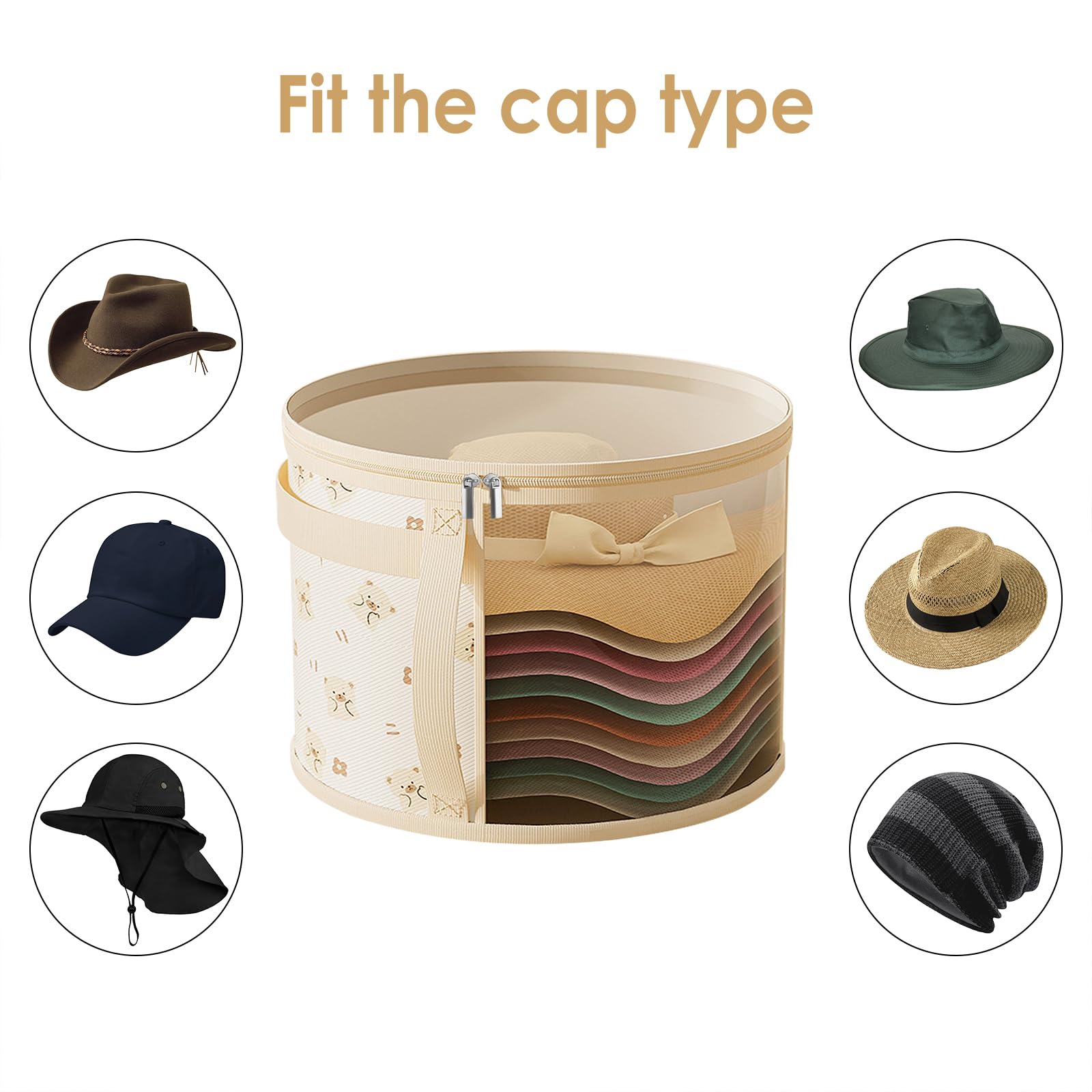 ReignSword Little Bear Hat Storage Box for Women Men, Travel Hat Box Organizer with Dust Proof Lid, Cowboy Hat Holder with Double Zipper