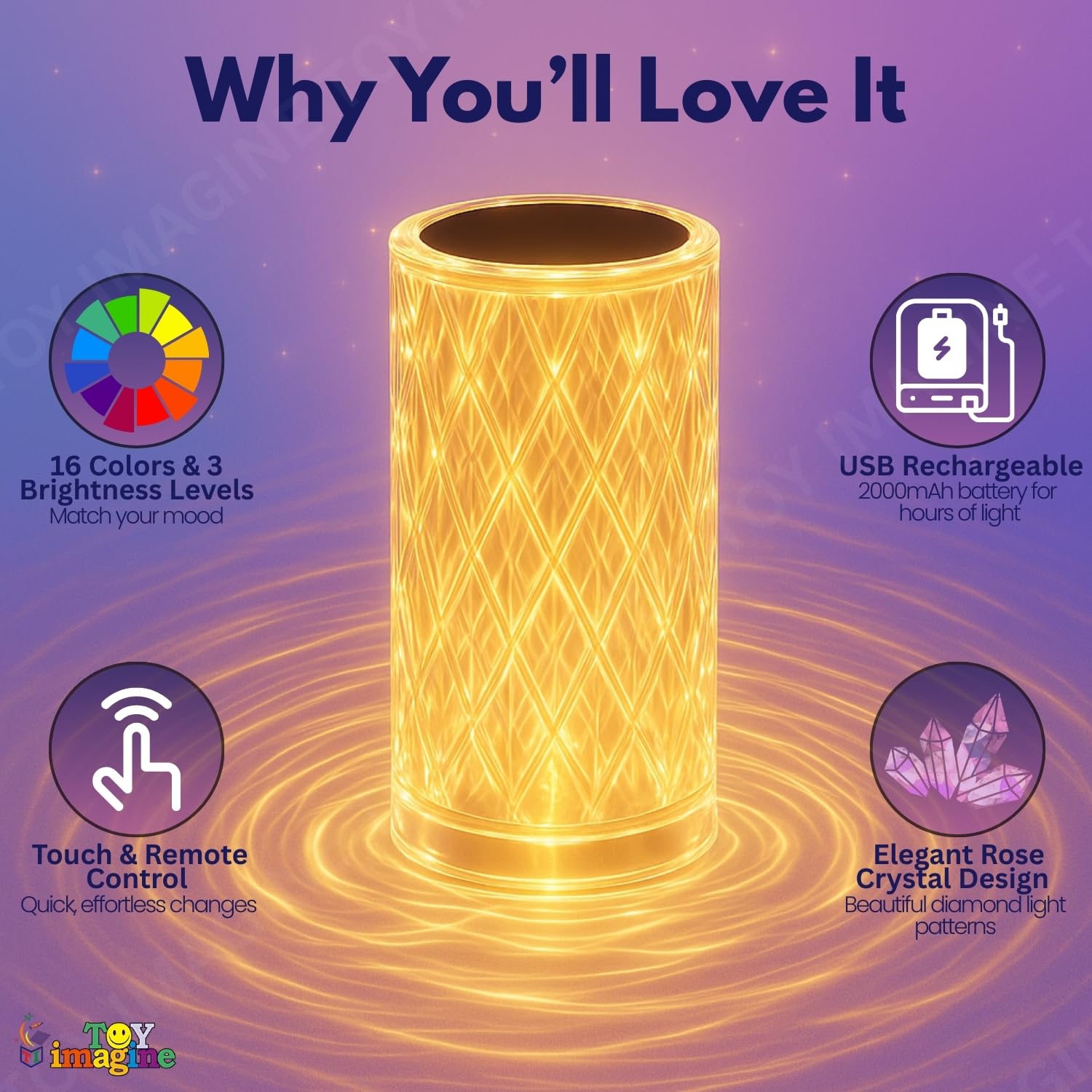 Toy Imagine Crystal Diamond LED Table Lamp - 16 Color Changing Touch Night Light with Remote, USB Rechargeable Lamp for Bedroom, Living Room, Party & Dinner Décor | Ideal for Diwali, Birthdays & Gifts 2