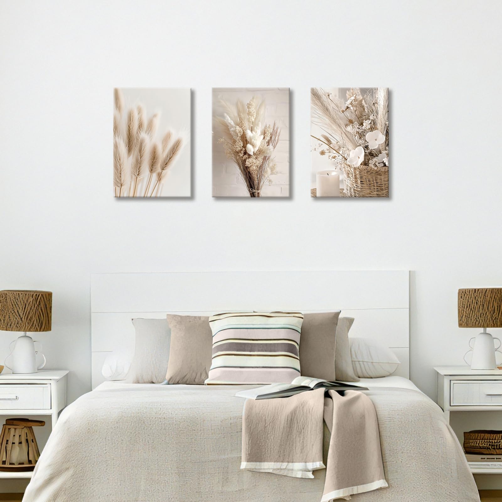 3 Pcs Wooden Framed Canvas Wall Art Canvas Prints Boho Beige Pampas Grass Painting Nordic Flower Sage Dried Grass Plants Pictures for Living Room Bedroom Bathroom Hallway Wall Decor 40x60 cm x3pcs - Image 4