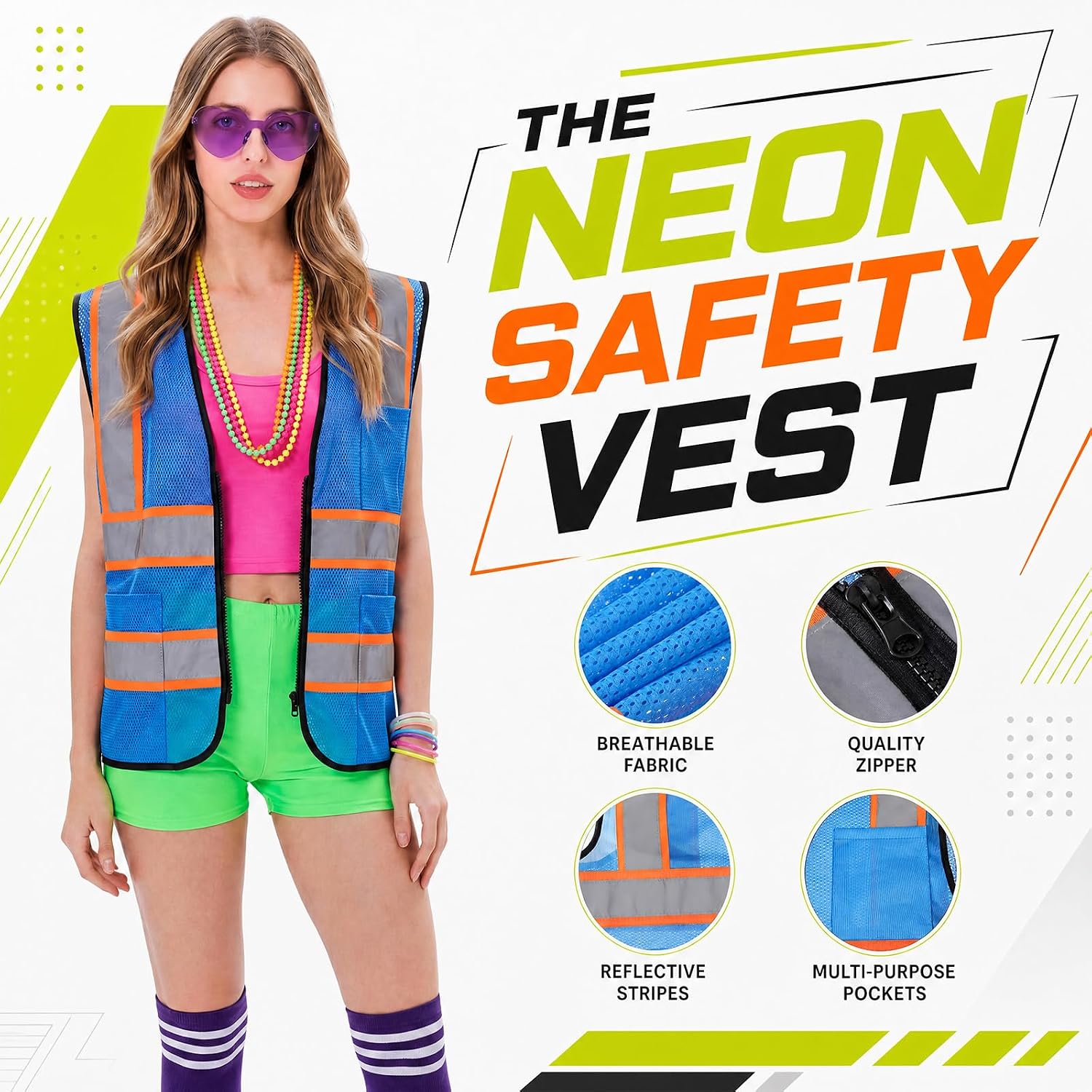 Skicuff Neon Outfit Neon Costume Accessories Reflective Vest Sunglasses Necklace Bracelet for Glow Party Football Game
