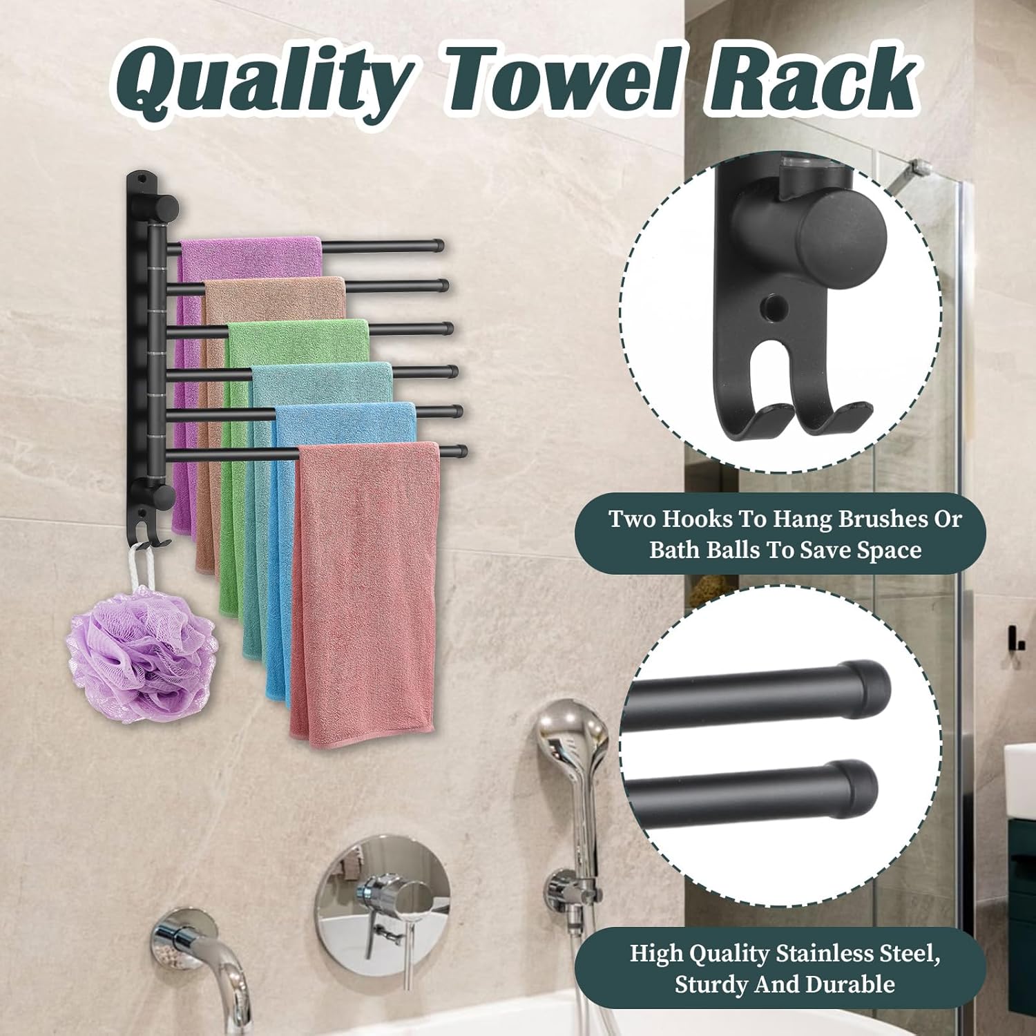 Swivel Towel Rack, Towel Bar with Wall Mounted 180° Rotation, 6 Arms Towels Hanger SUS 304 Stainless Steel, Space Saving for Kitchen, Bathroom, Outdoor (Matte Black)