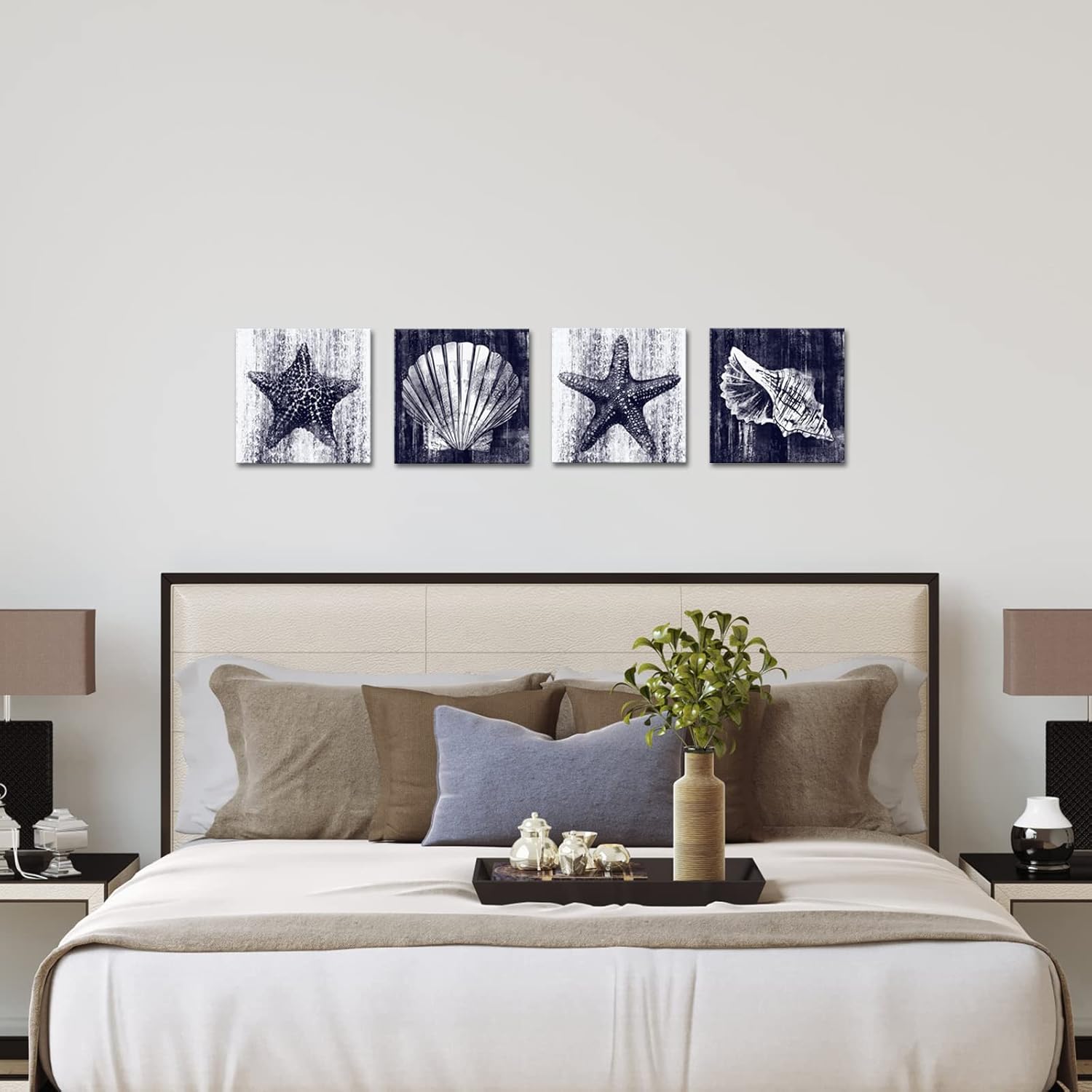 HOMEOART Seashell Starfish Art Prints Ocean Beach Bathroom Wall Decor Coastal Decor Stretched and Framed Ready to Hang Navy Blue 12"x12"x4 Pieces