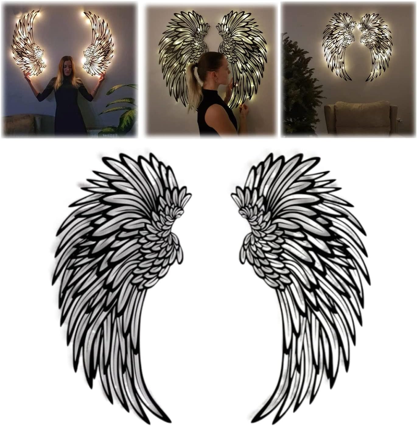 Azonee 1 Pair Angel Wings Wall Art Decorate with Led Lights, , 3D Metal Angel Wings Wall Sculptures, DIY Art Hanging Decor for Home Bedroom Living Room Garden Office Store