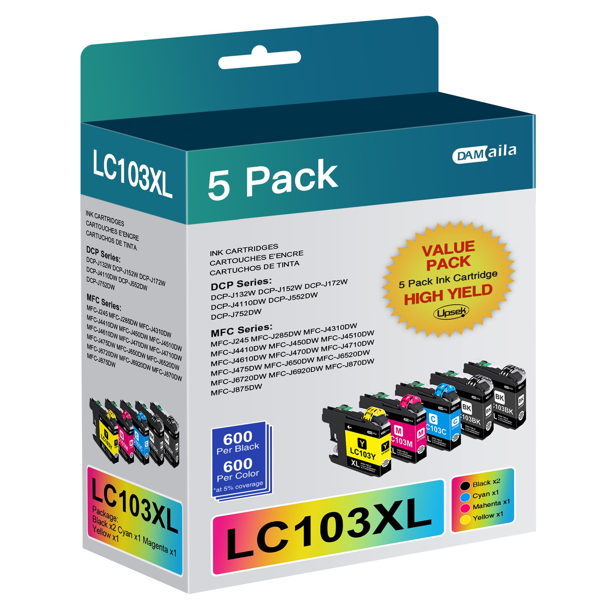 DAM aila LC103xl Ink Cartridges Combo Pack Comfortable for Brother LC103 LC101 Ink High Yield Work with Brother MFC-J870DW MFC-J6920DW MFC-J6520DW Printer (2 Black, 1 Cyan, 1 Magenta, 1 Yellow)
