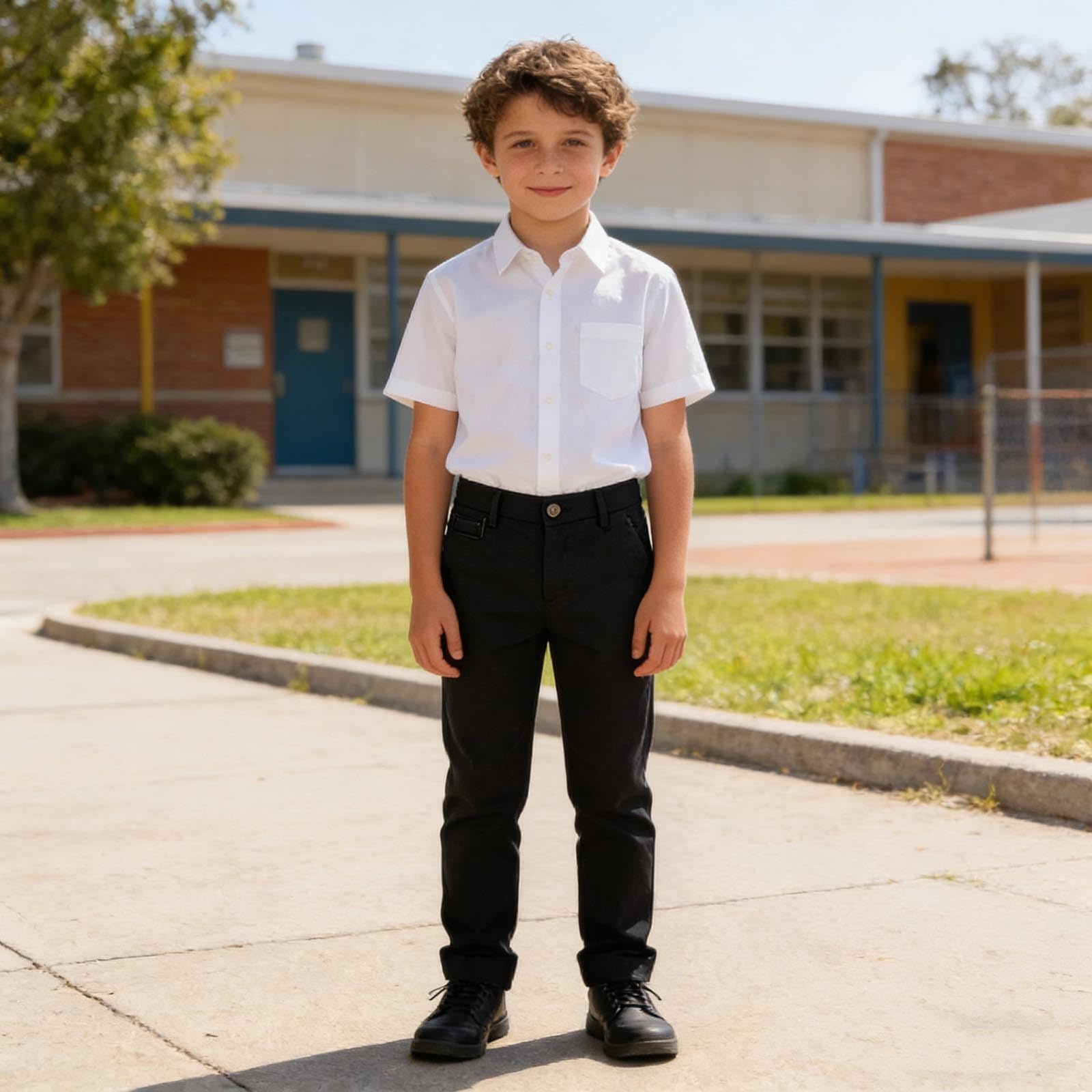 Pantalon de costume classique pour garçon avec devant plat, confortable pour l'école, infroissable, facile d'entretien.
