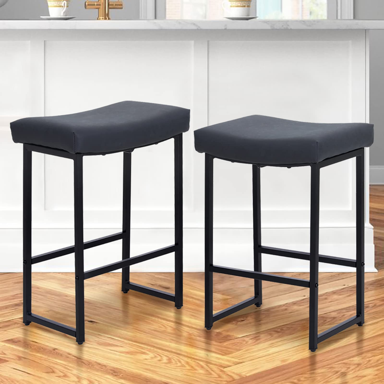 ALPHA HOMEBar Stools Backless Saddle Seat Barstools Modern PU Leather Cushion Counter Height Chairs Set of 2 for Kitchen Island, Dining Pub and Bistro, 24 Inches, Black, 2PCS