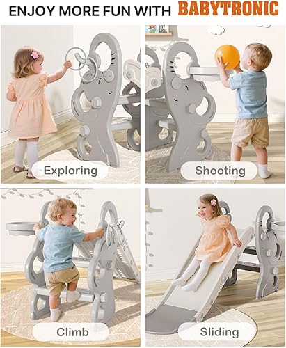 Miniatura 4 de Babytronic Tobogán para niños pequeños, juego para interiores y exteriores con aro de baloncesto y lanzamiento de anillo, tobogán plegable de