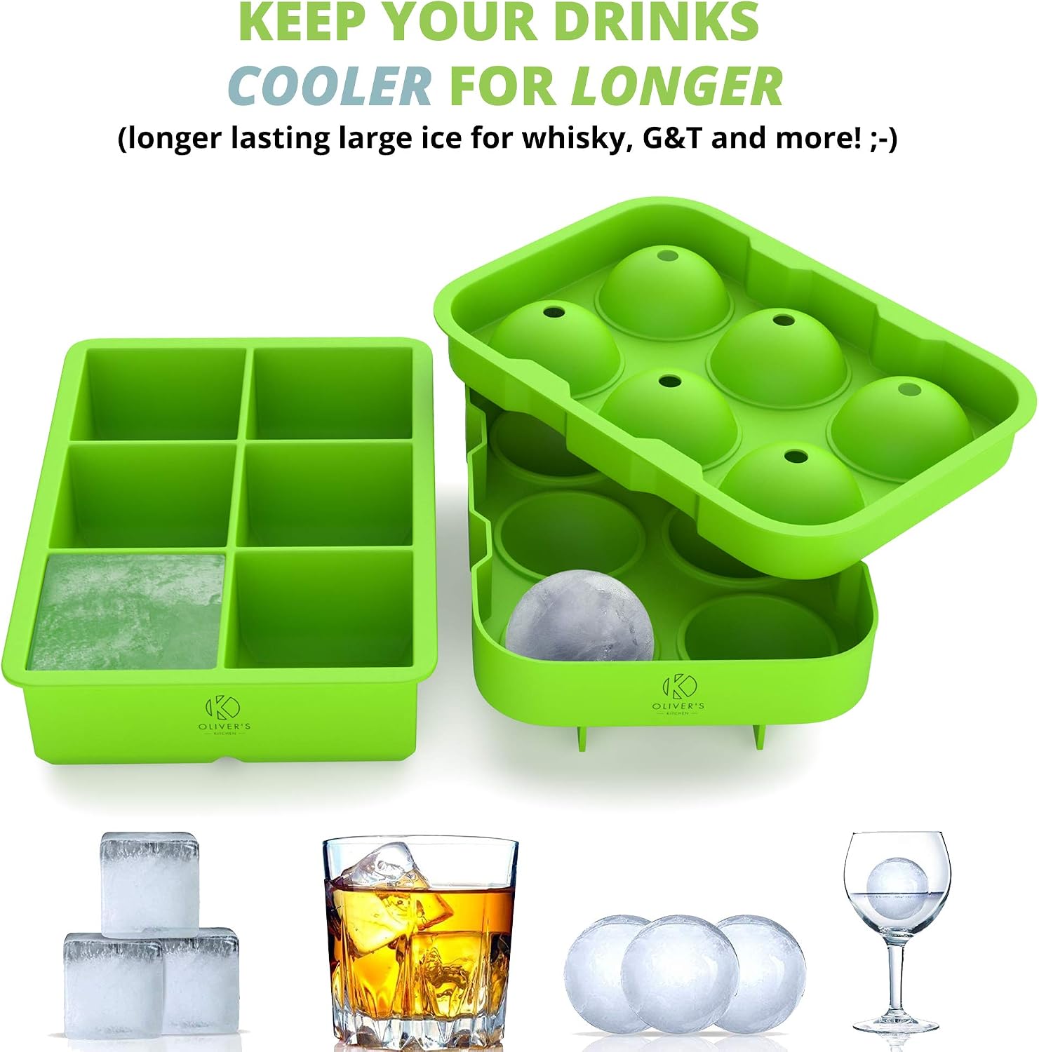 Oliver's Kitchen ® 2x Ice Cube Tray Set - Cocktails, Whiskey & Drinks Ice Cool for Longer - Large Ice Cube Molds, Less Dilution - Easy to Remove Ice Balls & Squares - Fresher Ice with Stackable Lid image 3