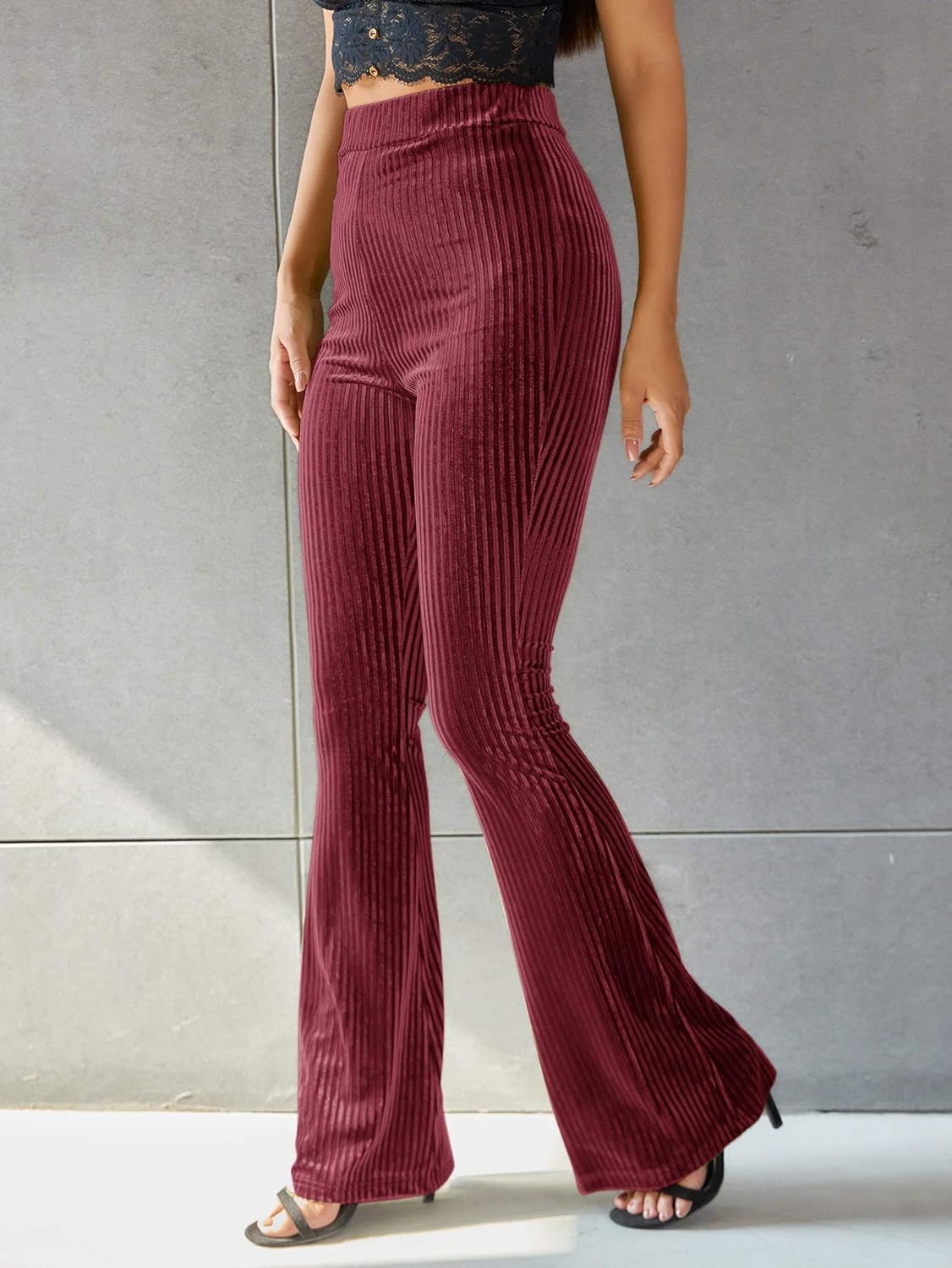 Floerns Women's Velvet Elastic Waist Flare Leg Palazzo Long Pants Trousers - Image 4