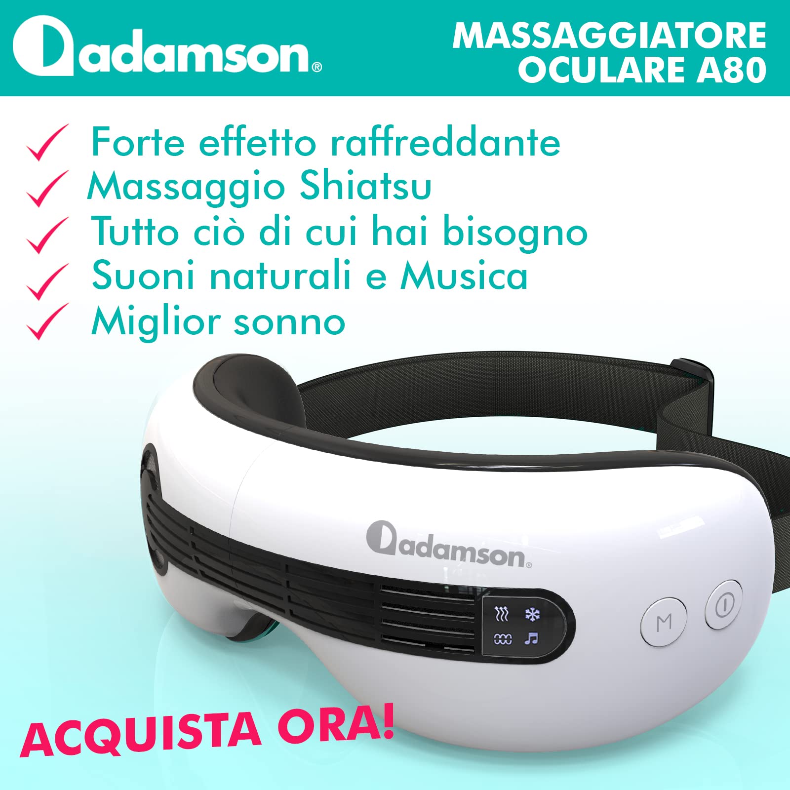 A80 Massaggiatore per Occhi, Bluetooth, Pressoterapia Caldo e Freddo | Batteria Ricaricabile, Funzioni per Ridurre Invecchiamento, Occhiaie, Gonfiore e Secchezza, Suoni della Natura e Musica