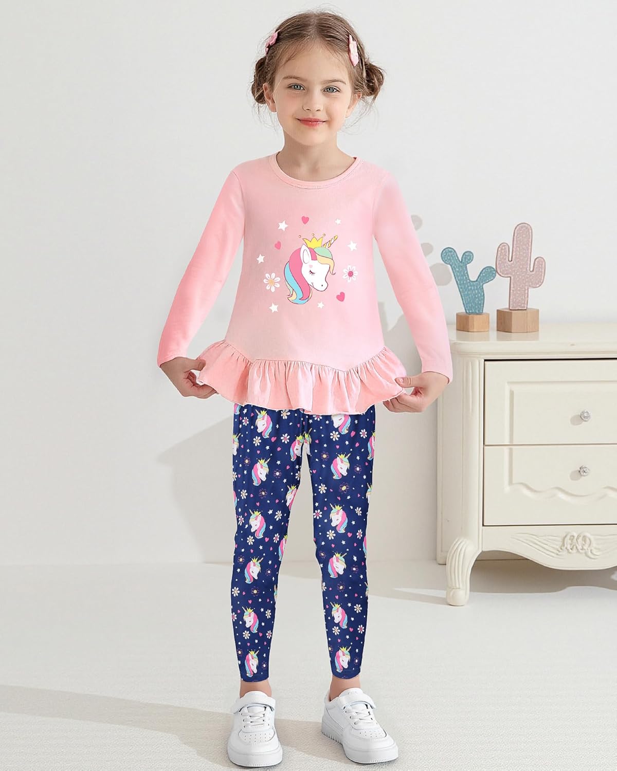 CARETOO Toddler Girl Clothes Girl 2pcs Fall Winter Outfit Ruffle Hem Top and Full-print Patterned Pants 2-7 Years - Image 3