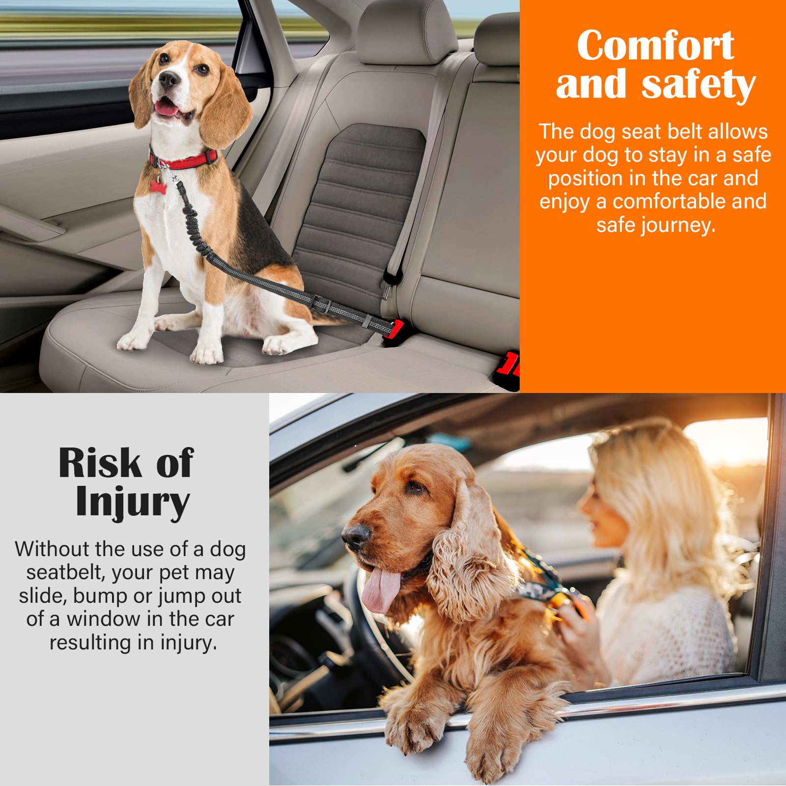 DATEFUN Cintura Sicurezza Cani Auto Regolabile - 2 Pezzi Cintura Cane Auto con Ammortizzazione Elastica e Sacca Portaoggetti per Tutte Cani e Gatti (Nero)