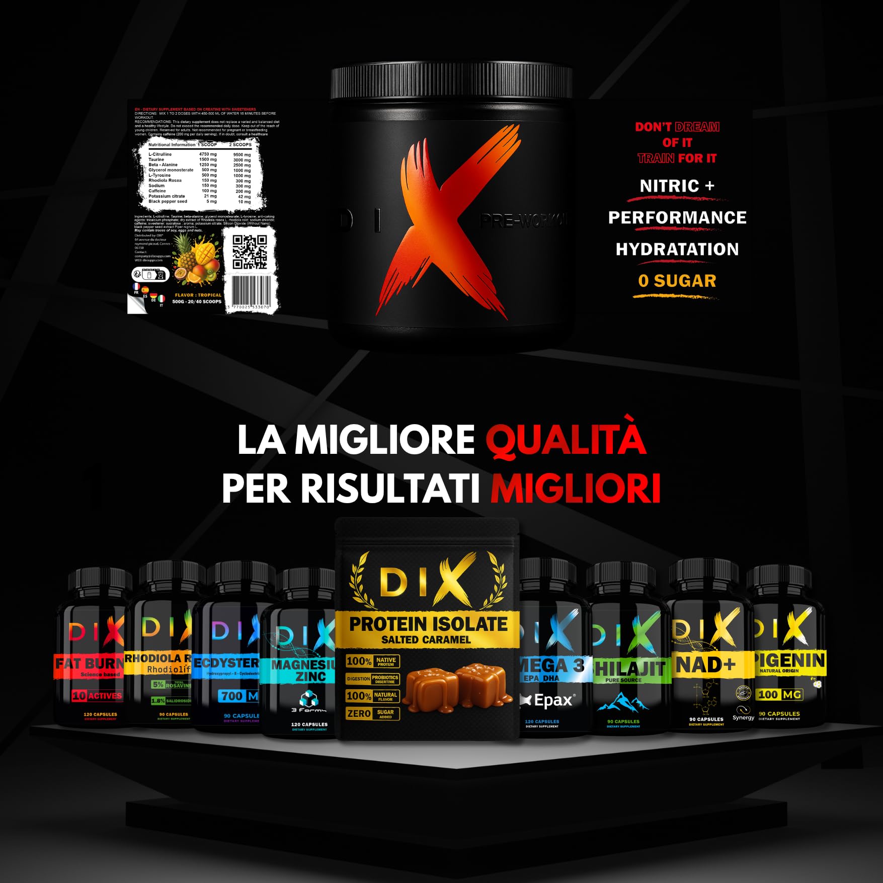 PRE-WORKOUT pro | Energia | Pump | Focus | Elettrolita | L-citrullina | Beta-alanina | L-tirosina | Rhodiala Rosea | acido mallico (TROPICAL)