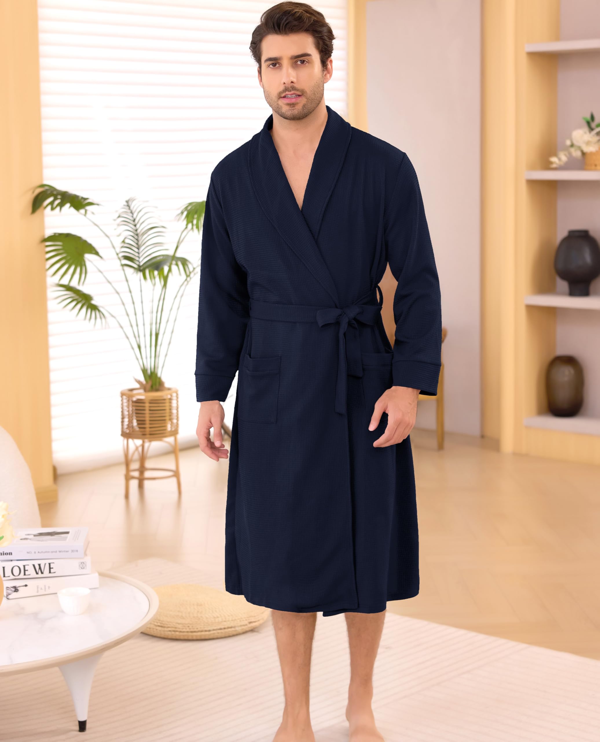 Wikoan Accappatoio da Uomo Vestaglia a Trama a Nido D'ape Vestaglia per Tutte le Stagioni con Tasche S-XXL